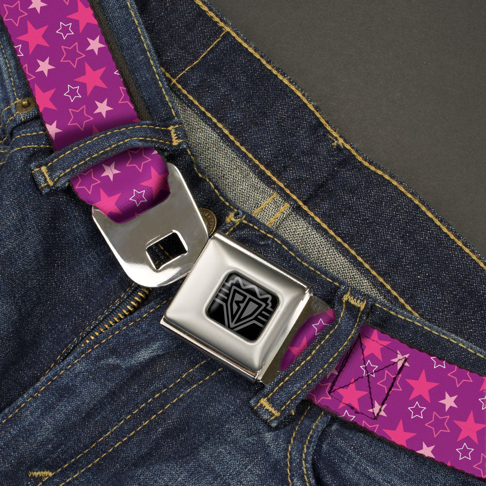 BD Wings Logo CLOSE-UP Black/Silver Seatbelt Belt - Mini Star Assortment Purple/Pinks/White Webbing Seatbelt Belts Buckle-Down