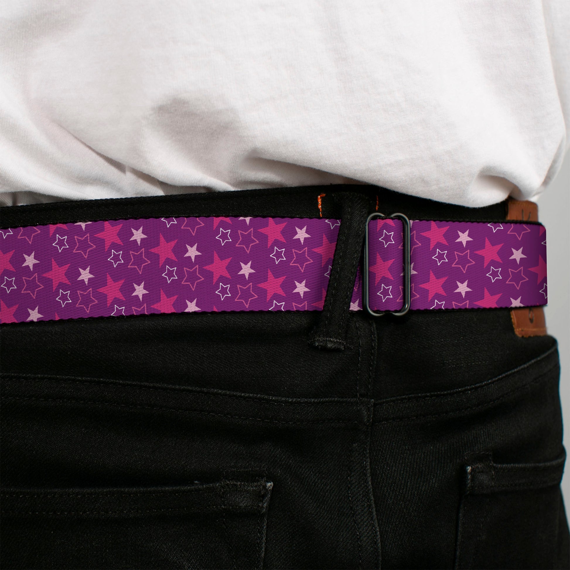 BD Wings Logo CLOSE-UP Black/Silver Seatbelt Belt - Mini Star Assortment Purple/Pinks/White Webbing Seatbelt Belts Buckle-Down