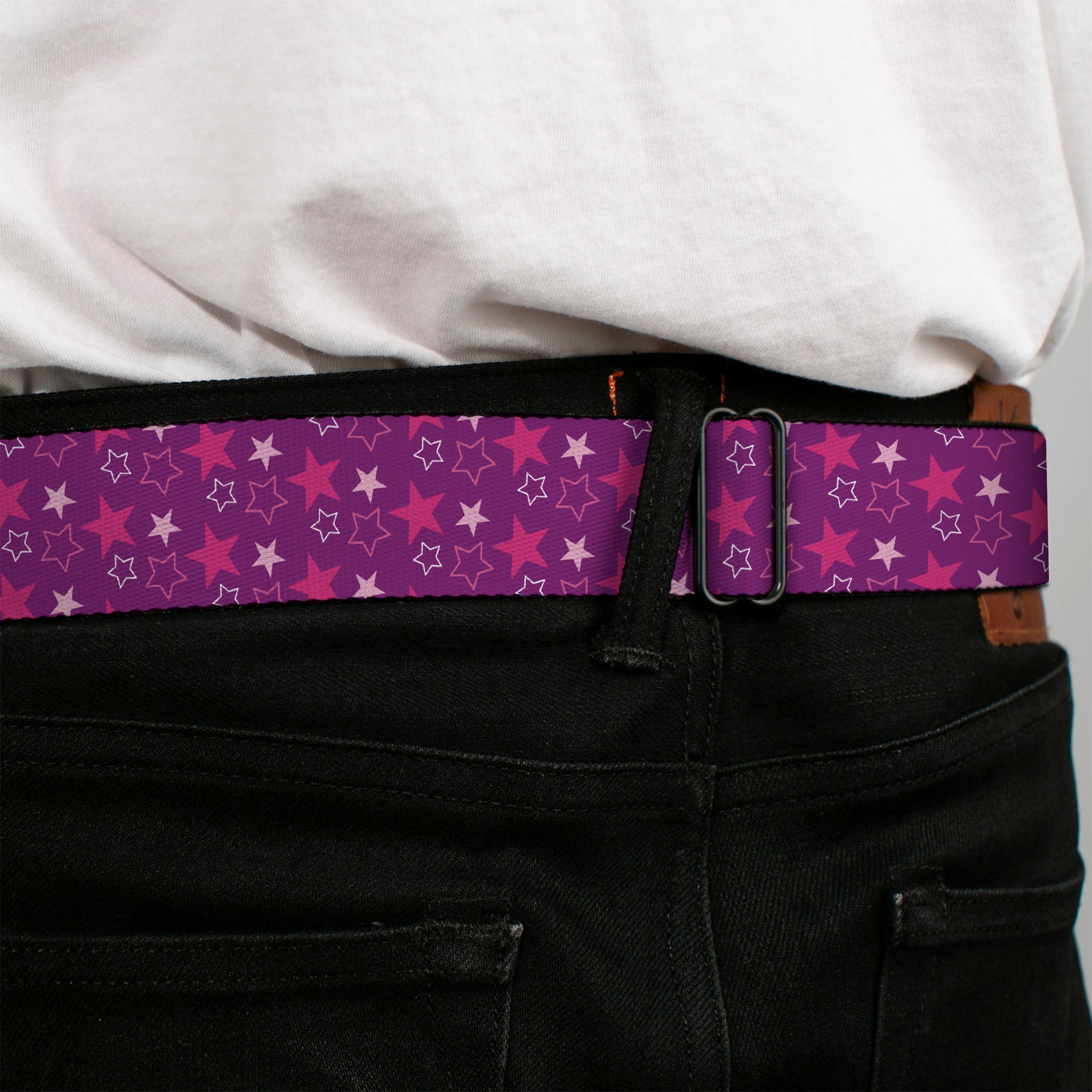 BD Wings Logo CLOSE-UP Black/Silver Seatbelt Belt - Mini Star Assortment Purple/Pinks/White Webbing Seatbelt Belts Buckle-Down