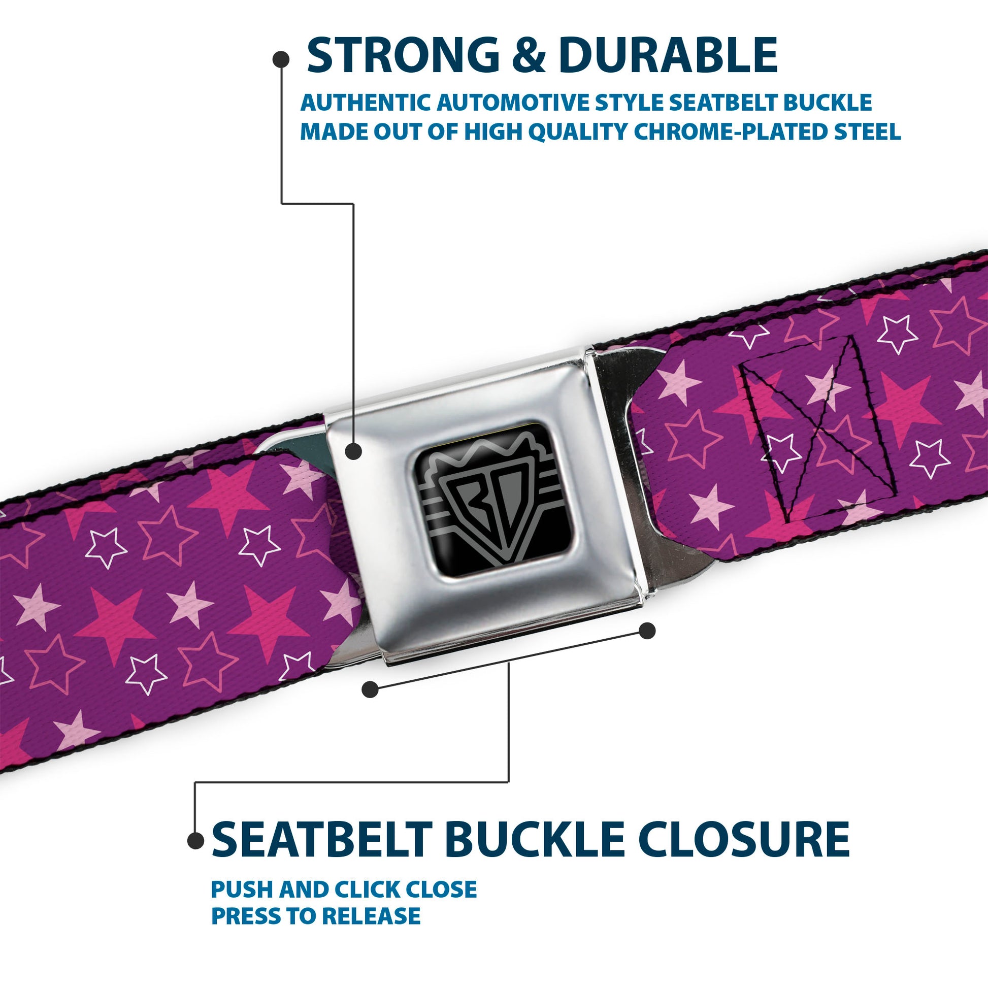 BD Wings Logo CLOSE-UP Black/Silver Seatbelt Belt - Mini Star Assortment Purple/Pinks/White Webbing Seatbelt Belts Buckle-Down