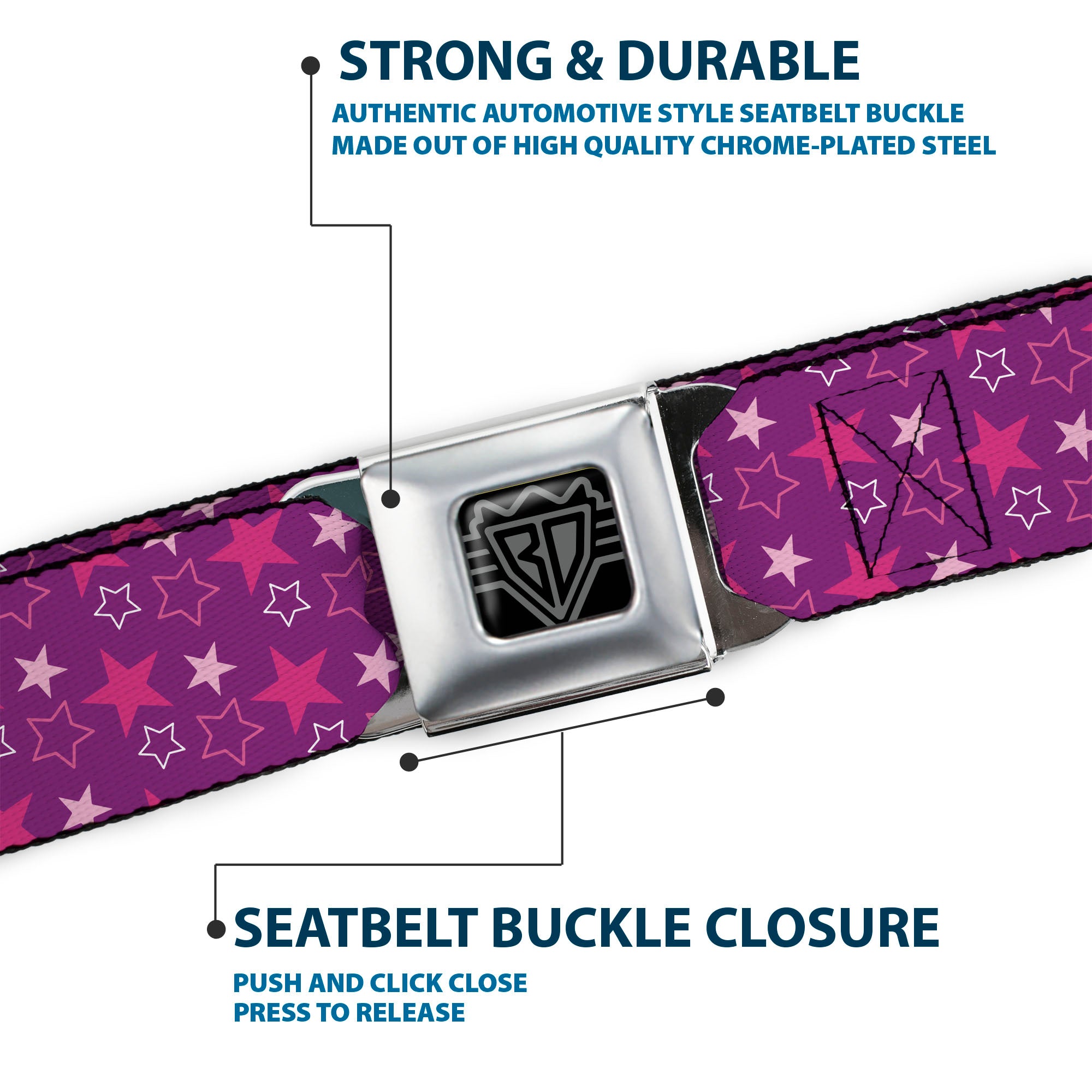 BD Wings Logo CLOSE-UP Black/Silver Seatbelt Belt - Mini Star Assortment Purple/Pinks/White Webbing Seatbelt Belts Buckle-Down