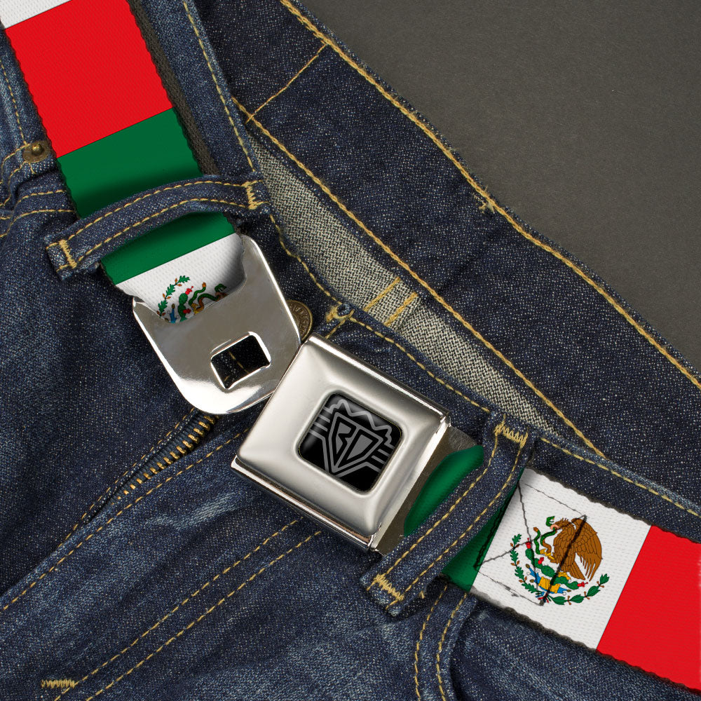 BD Wings Logo CLOSE-UP Black/Silver Seatbelt Belt - Mexico Flag Continuous Webbing Seatbelt Belts Buckle-Down