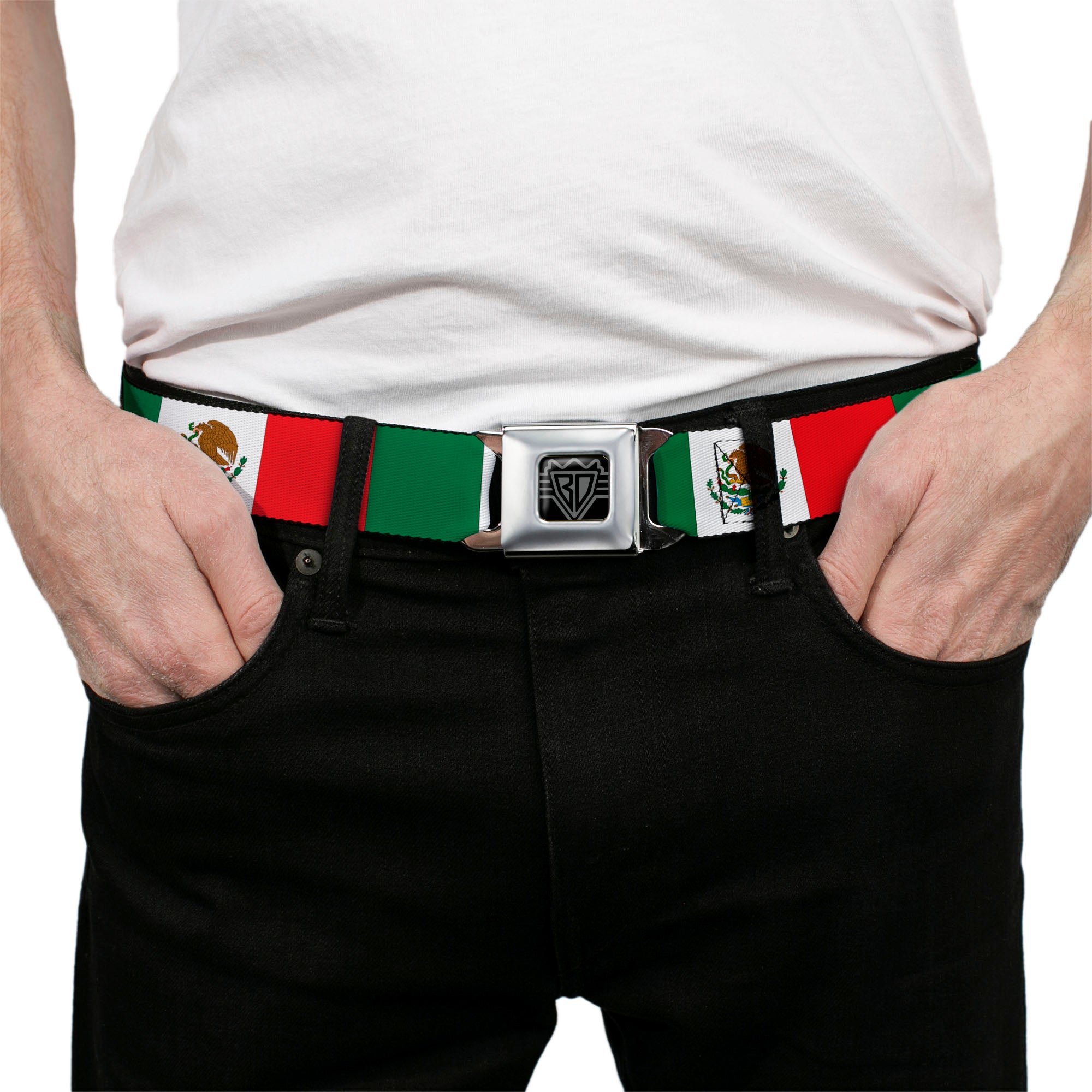 BD Wings Logo CLOSE-UP Black/Silver Seatbelt Belt - Mexico Flag Continuous Webbing Seatbelt Belts Buckle-Down
