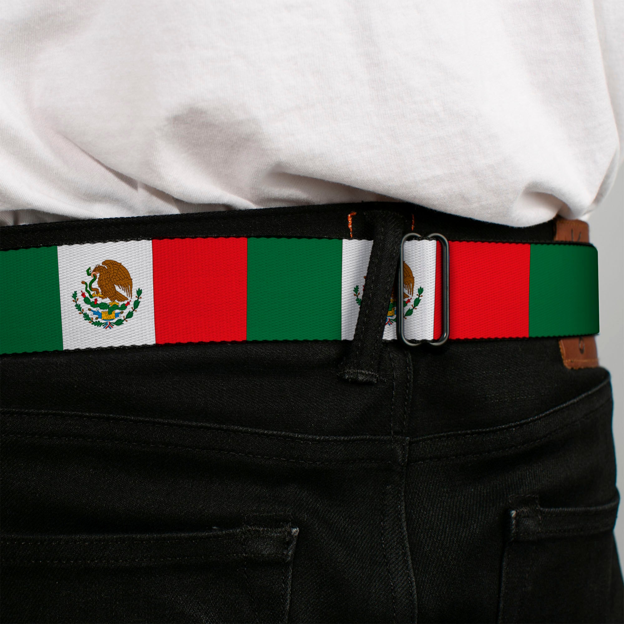 BD Wings Logo CLOSE-UP Black/Silver Seatbelt Belt - Mexico Flag Continuous Webbing Seatbelt Belts Buckle-Down