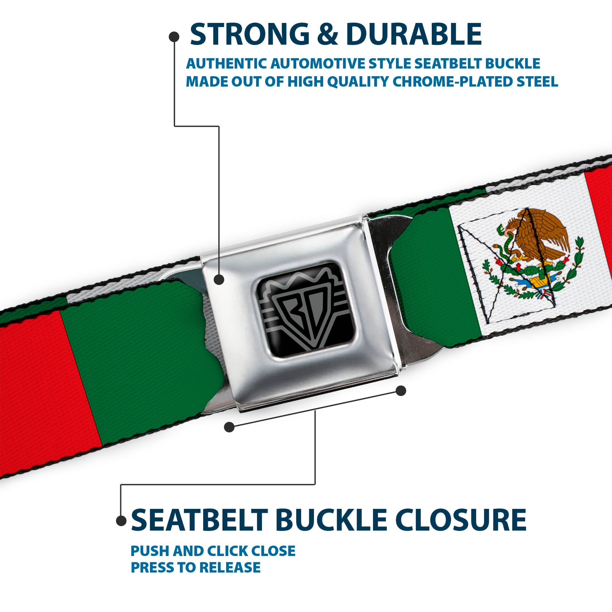BD Wings Logo CLOSE-UP Black/Silver Seatbelt Belt - Mexico Flag Continuous Webbing Seatbelt Belts Buckle-Down