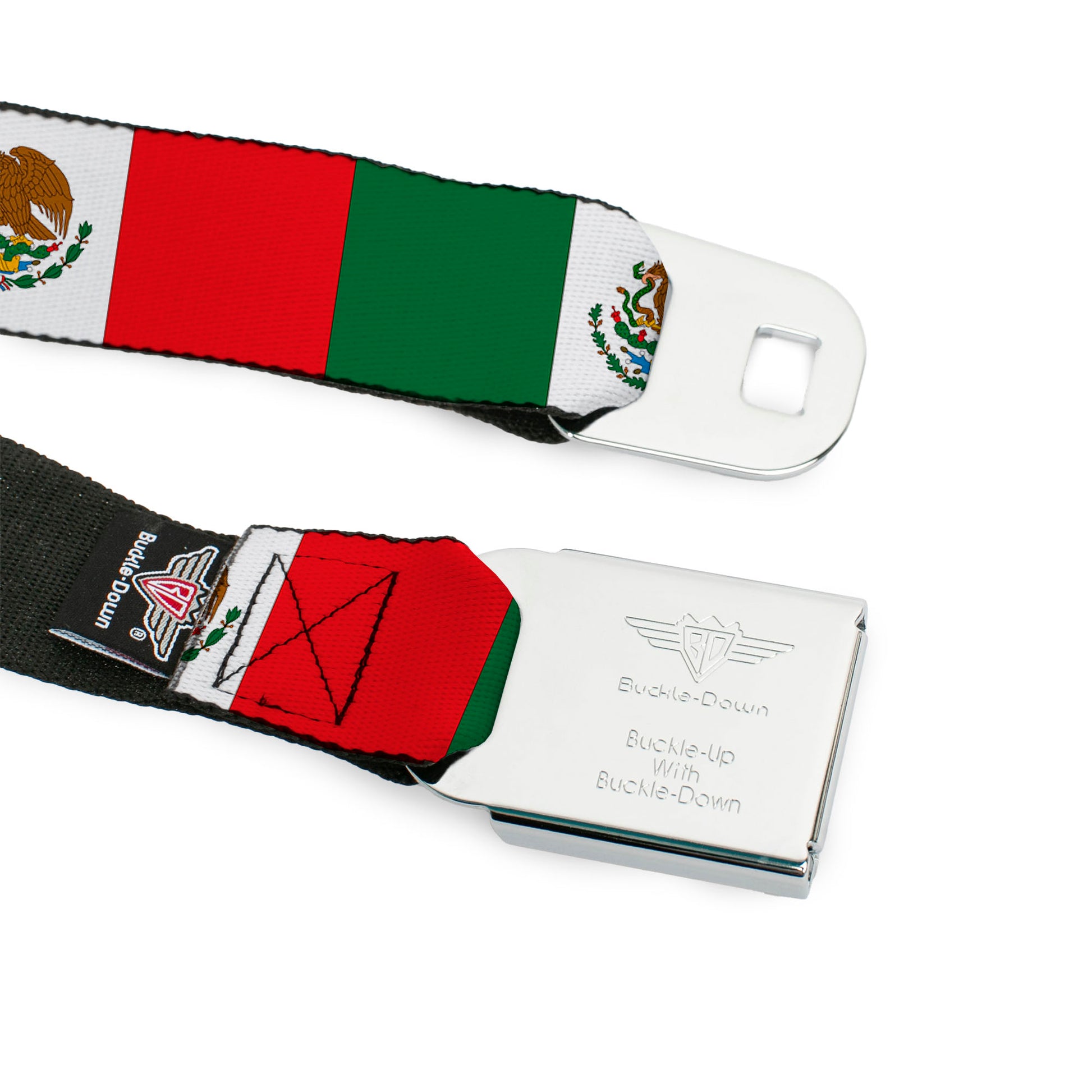 BD Wings Logo CLOSE-UP Black/Silver Seatbelt Belt - Mexico Flag Continuous Webbing Seatbelt Belts Buckle-Down
