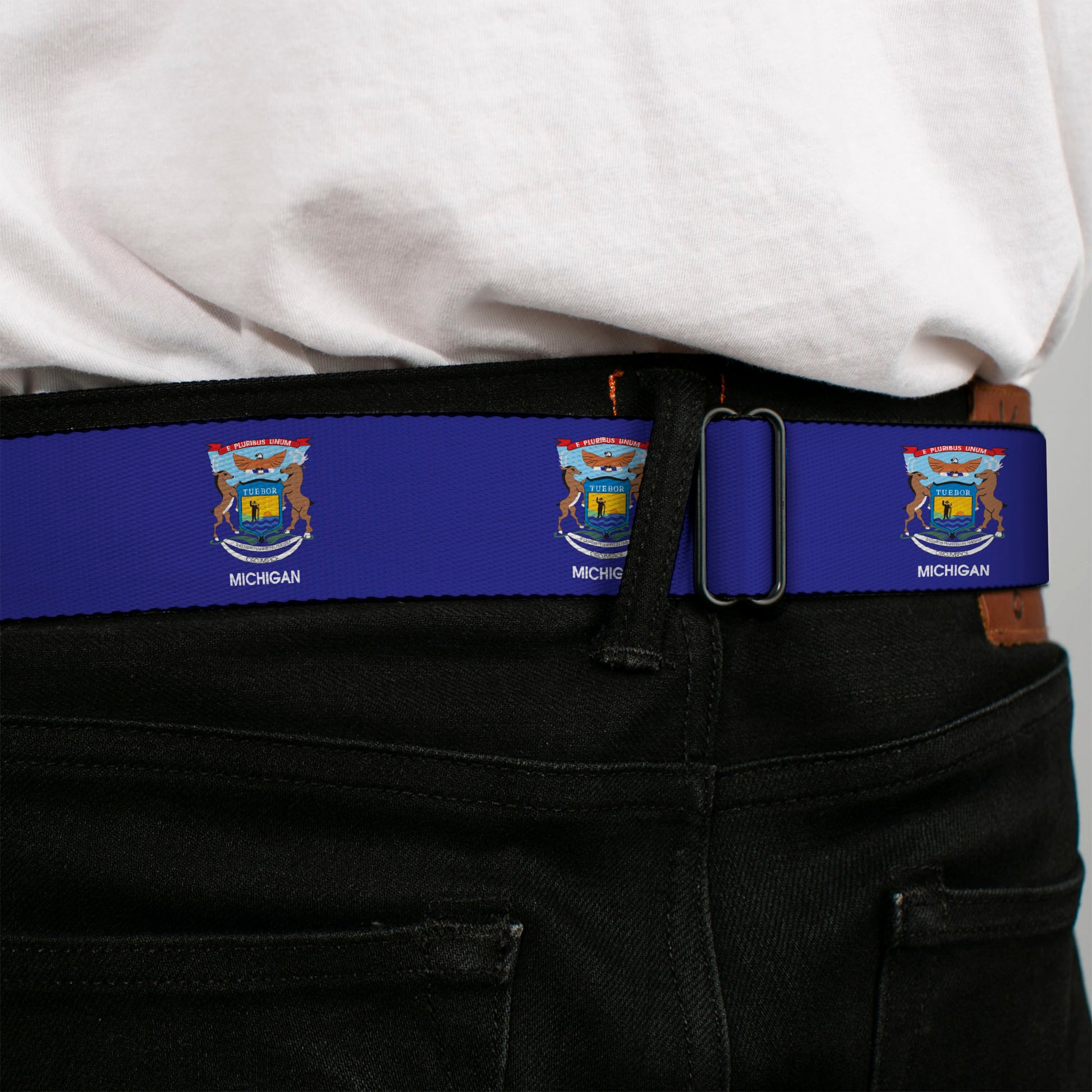 BD Wings Logo CLOSE-UP Full Color Black Silver Seatbelt Belt - Michigan Flag Continuous Webbing Seatbelt Belts Buckle-Down