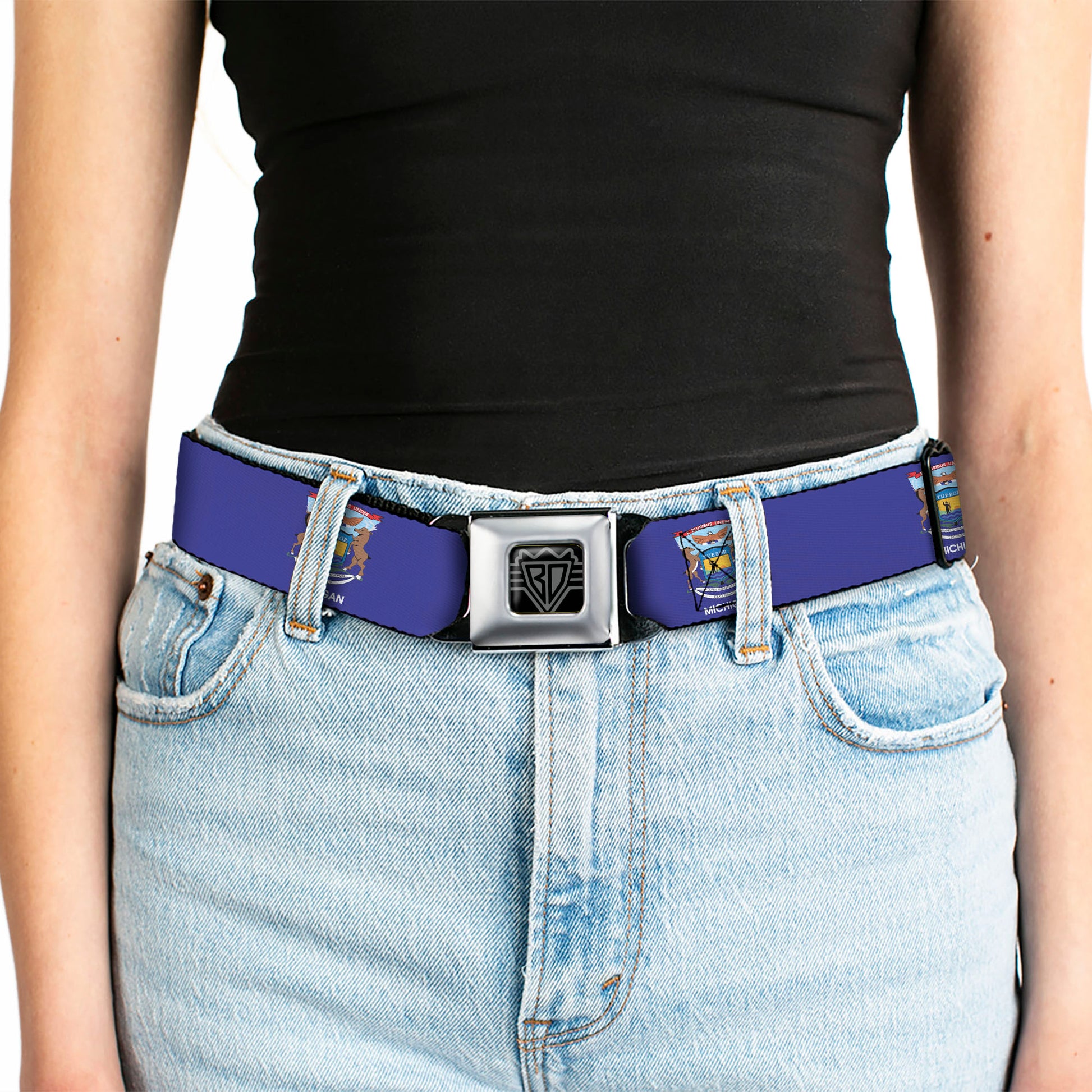 BD Wings Logo CLOSE-UP Full Color Black Silver Seatbelt Belt - Michigan Flag Continuous Webbing Seatbelt Belts Buckle-Down