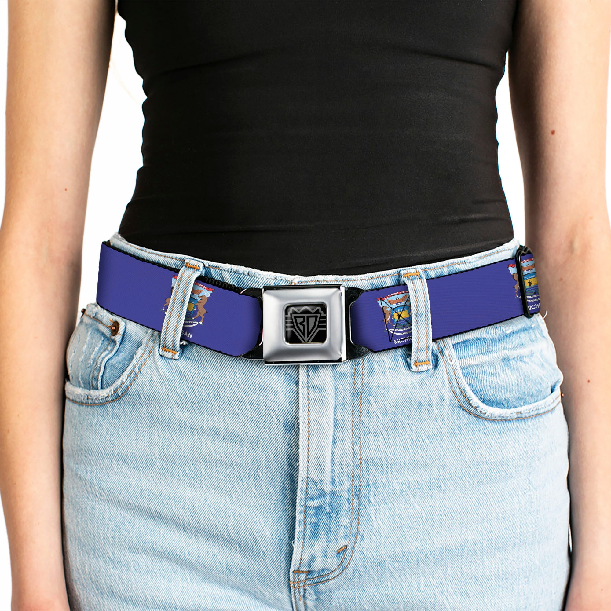 BD Wings Logo CLOSE-UP Full Color Black Silver Seatbelt Belt - Michigan Flag Continuous Webbing Seatbelt Belts Buckle-Down