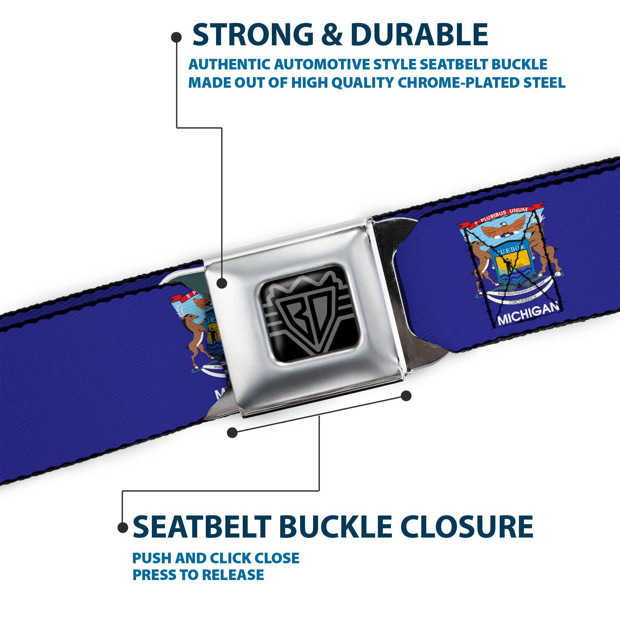 BD Wings Logo CLOSE-UP Full Color Black Silver Seatbelt Belt - Michigan Flag Continuous Webbing Seatbelt Belts Buckle-Down