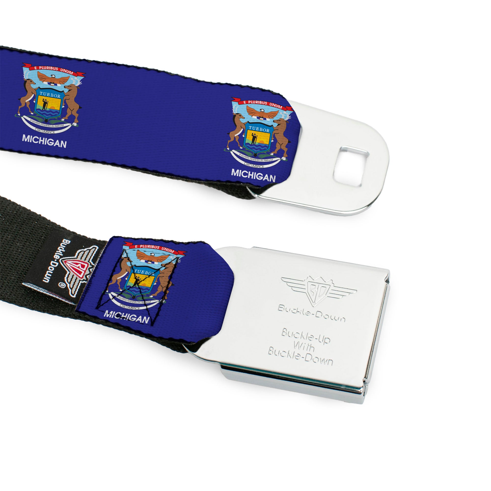 BD Wings Logo CLOSE-UP Full Color Black Silver Seatbelt Belt - Michigan Flag Continuous Webbing Seatbelt Belts Buckle-Down