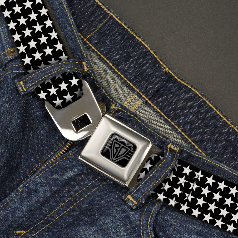 BD Wings Logo CLOSE-UP Black/Silver Seatbelt Belt - Mini Stars Outline Black/White Webbing Seatbelt Belts Buckle-Down