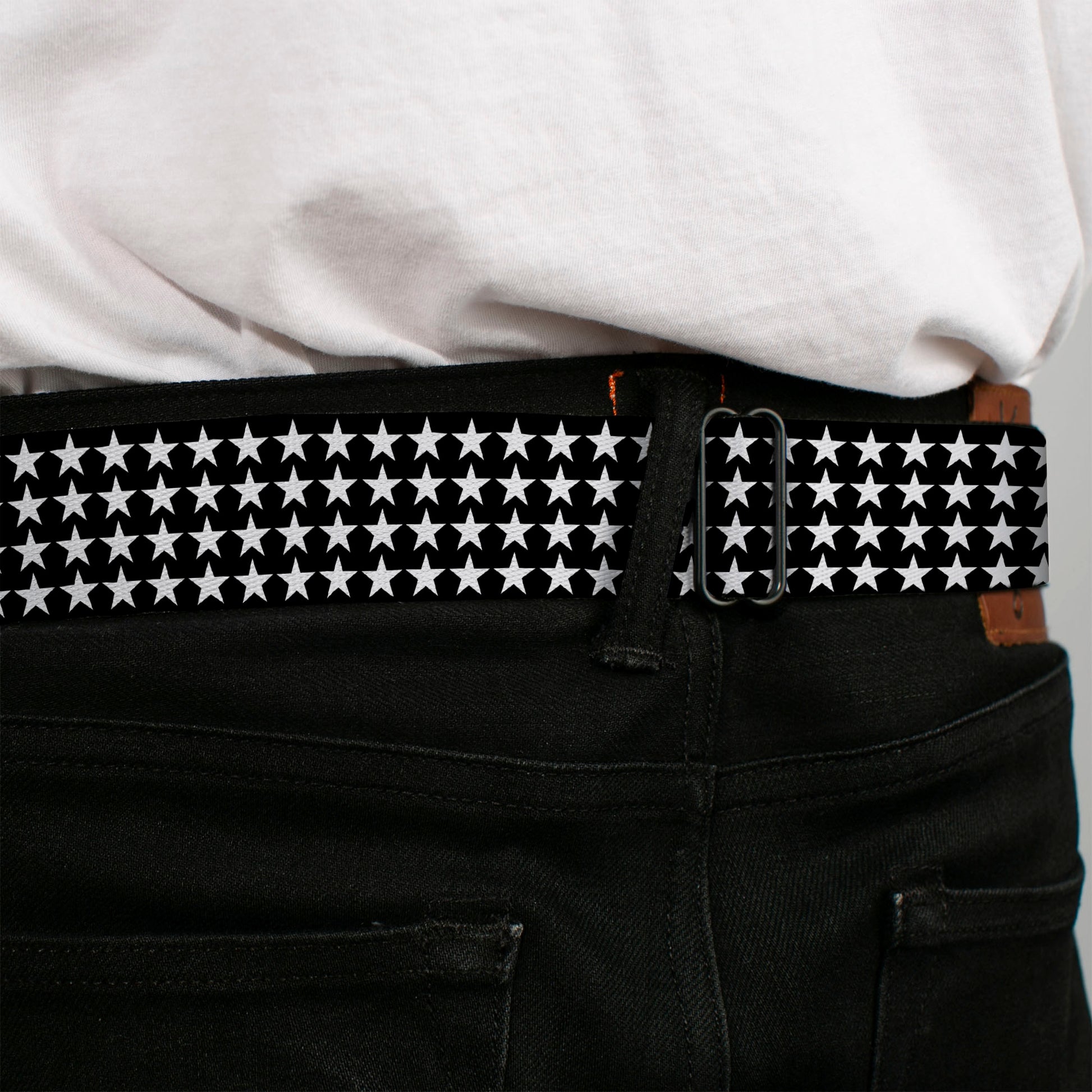 BD Wings Logo CLOSE-UP Black/Silver Seatbelt Belt - Mini Stars Outline Black/White Webbing Seatbelt Belts Buckle-Down
