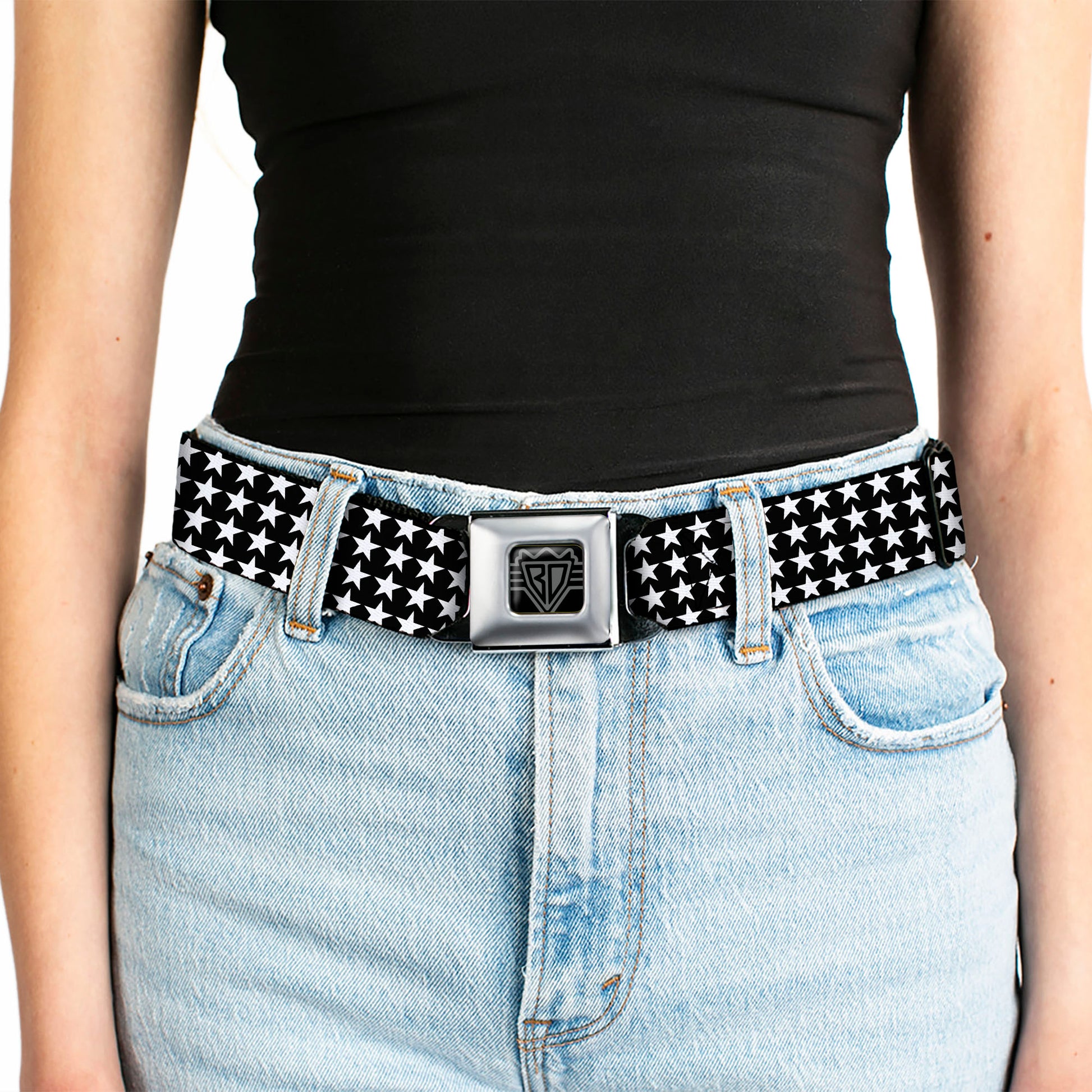 BD Wings Logo CLOSE-UP Black/Silver Seatbelt Belt - Mini Stars Outline Black/White Webbing Seatbelt Belts Buckle-Down