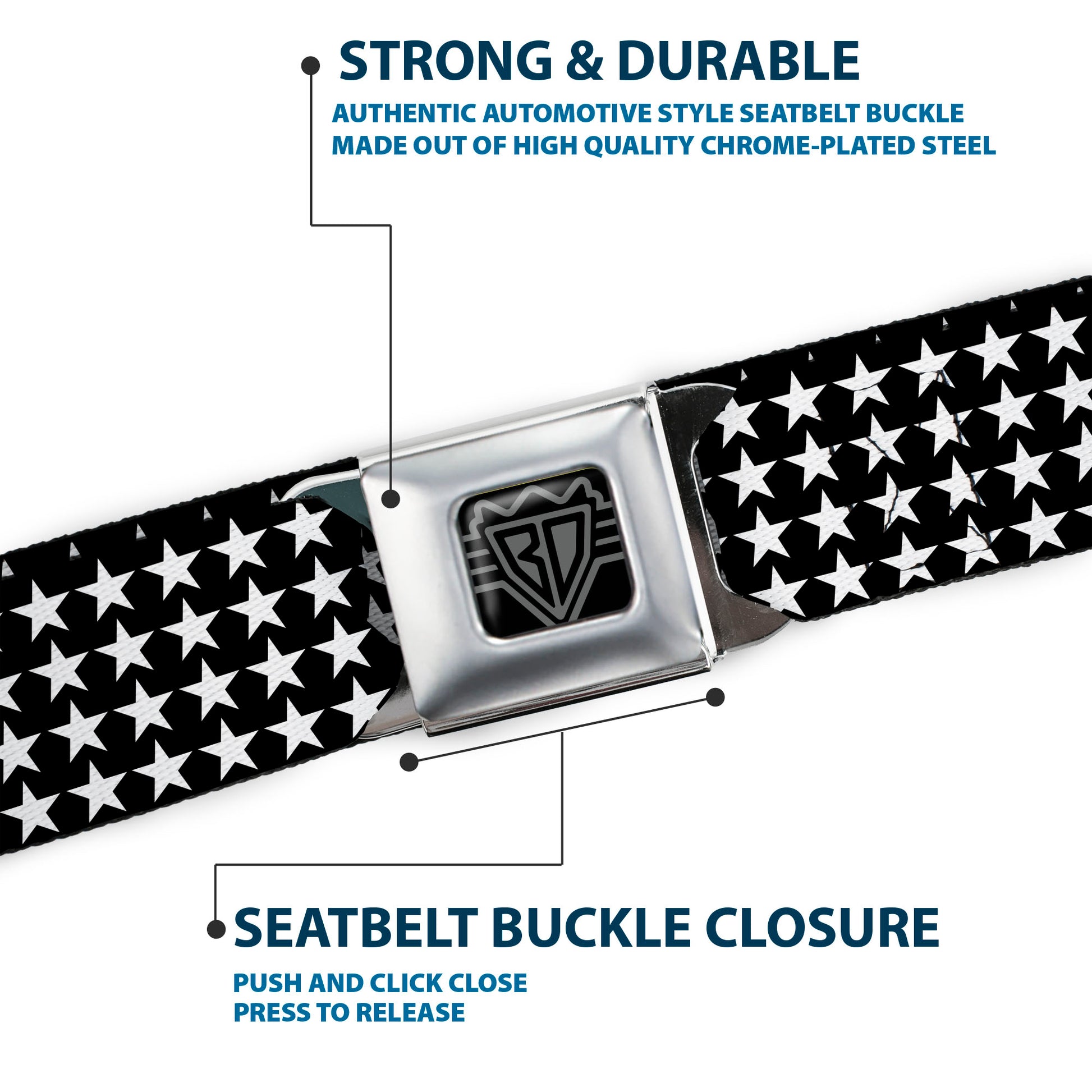BD Wings Logo CLOSE-UP Black/Silver Seatbelt Belt - Mini Stars Outline Black/White Webbing Seatbelt Belts Buckle-Down