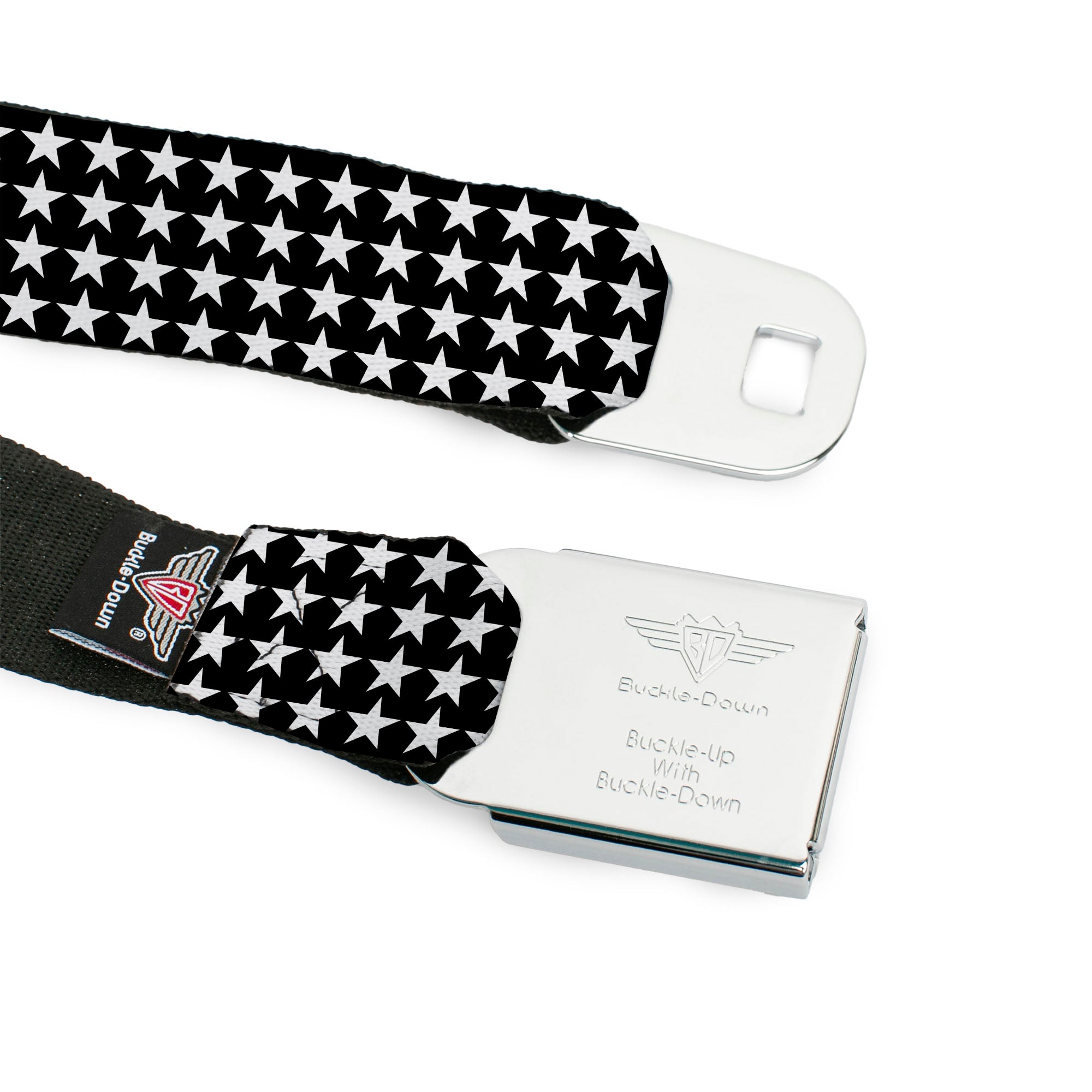 BD Wings Logo CLOSE-UP Black/Silver Seatbelt Belt - Mini Stars Outline Black/White Webbing Seatbelt Belts Buckle-Down