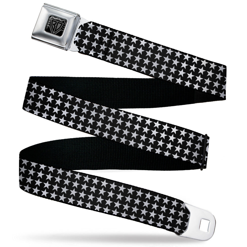 BD Wings Logo CLOSE-UP Black/Silver Seatbelt Belt - Mini Stars Outline Black/White Webbing Seatbelt Belts Buckle-Down