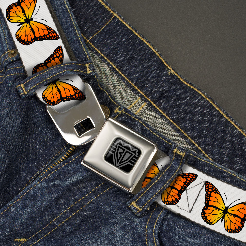 BD Wings Logo CLOSE-UP Black/Silver Seatbelt Belt - Monarch Butterfly Repeat White Webbing Seatbelt Belts Buckle-Down