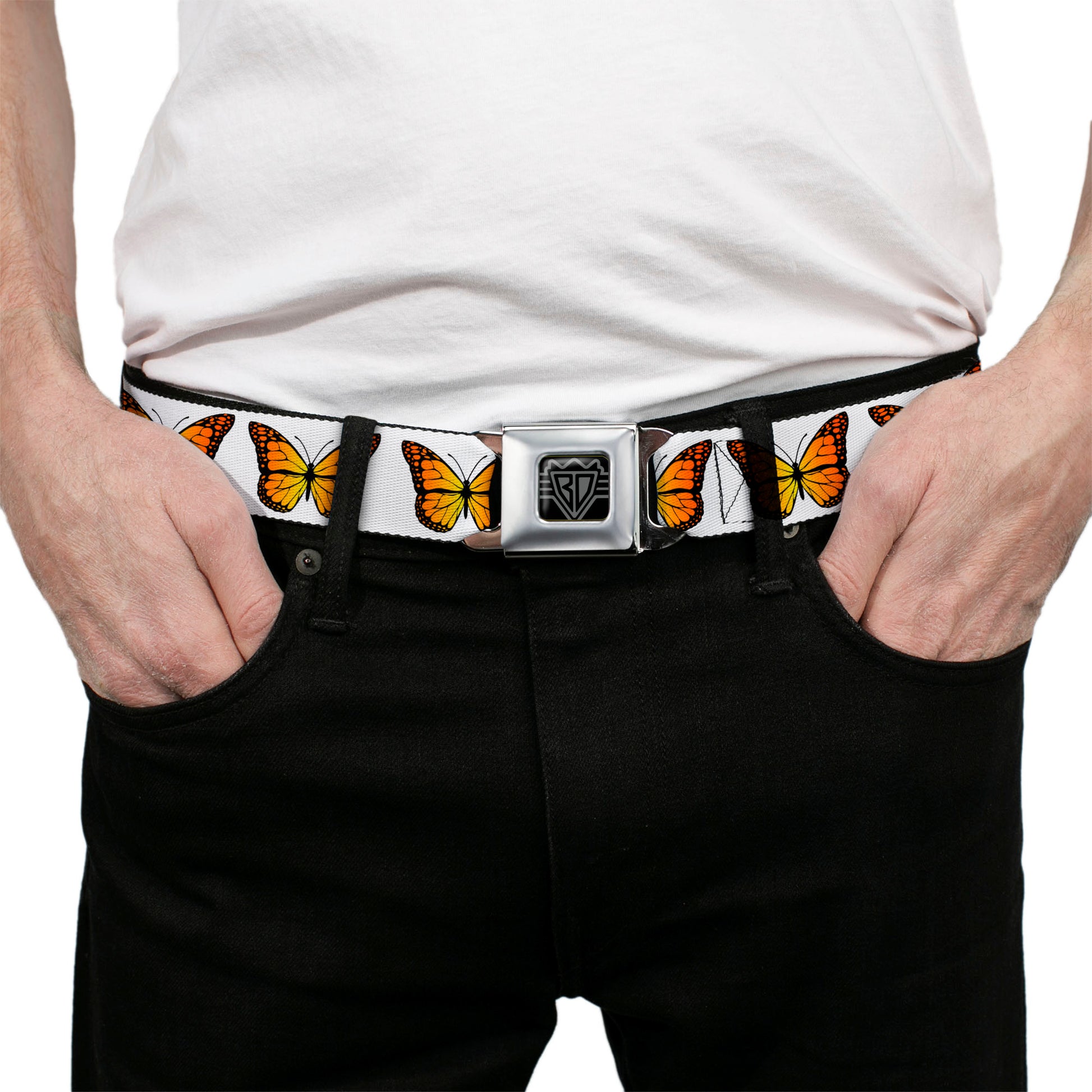 BD Wings Logo CLOSE-UP Black/Silver Seatbelt Belt - Monarch Butterfly Repeat White Webbing Seatbelt Belts Buckle-Down