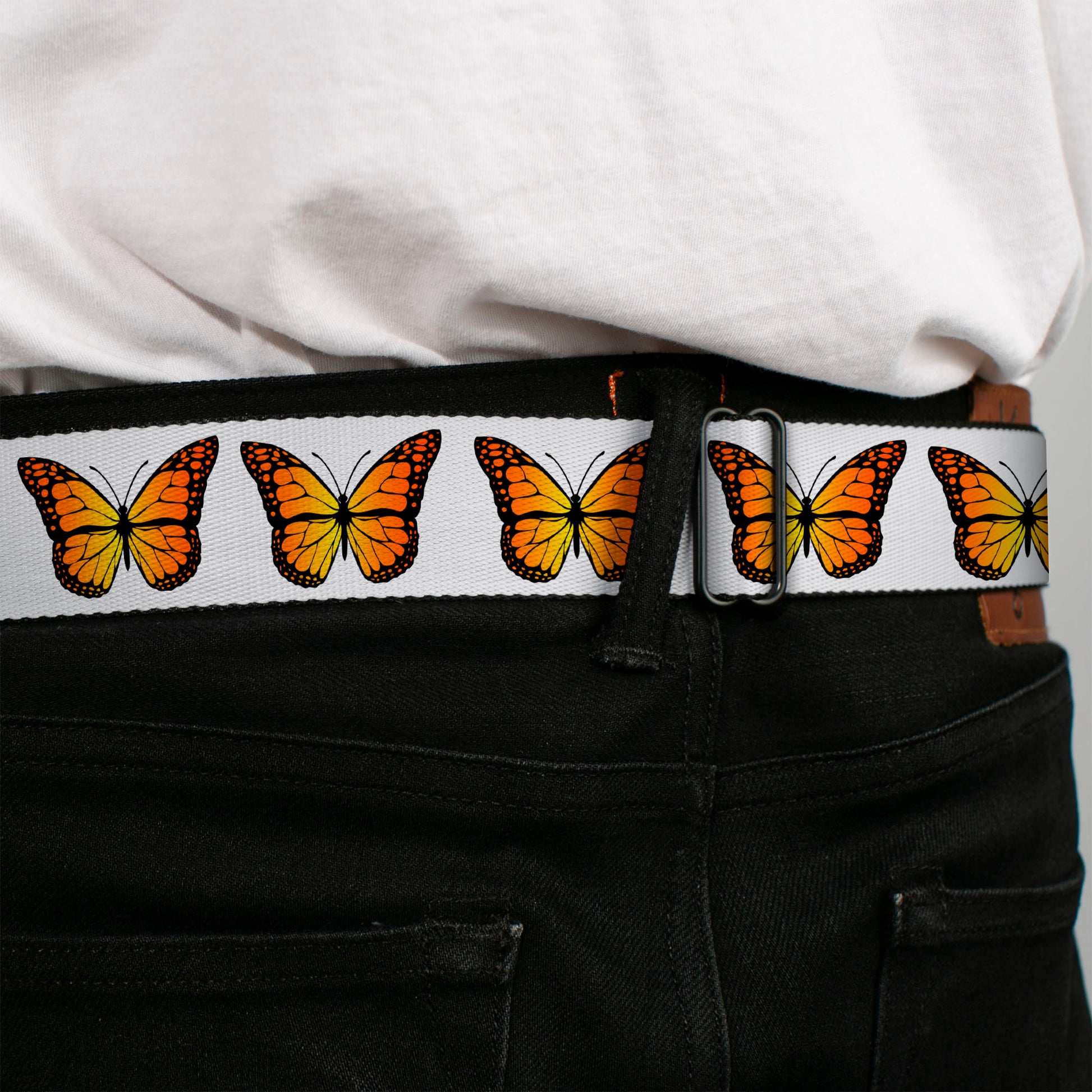 BD Wings Logo CLOSE-UP Black/Silver Seatbelt Belt - Monarch Butterfly Repeat White Webbing Seatbelt Belts Buckle-Down