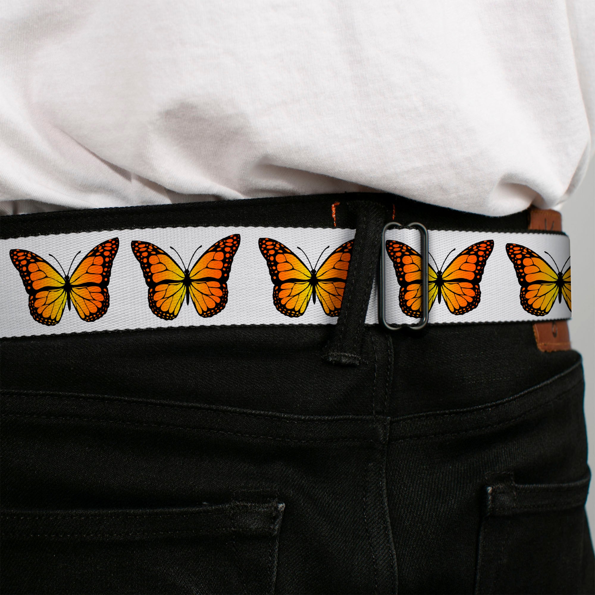 BD Wings Logo CLOSE-UP Black/Silver Seatbelt Belt - Monarch Butterfly Repeat White Webbing Seatbelt Belts Buckle-Down