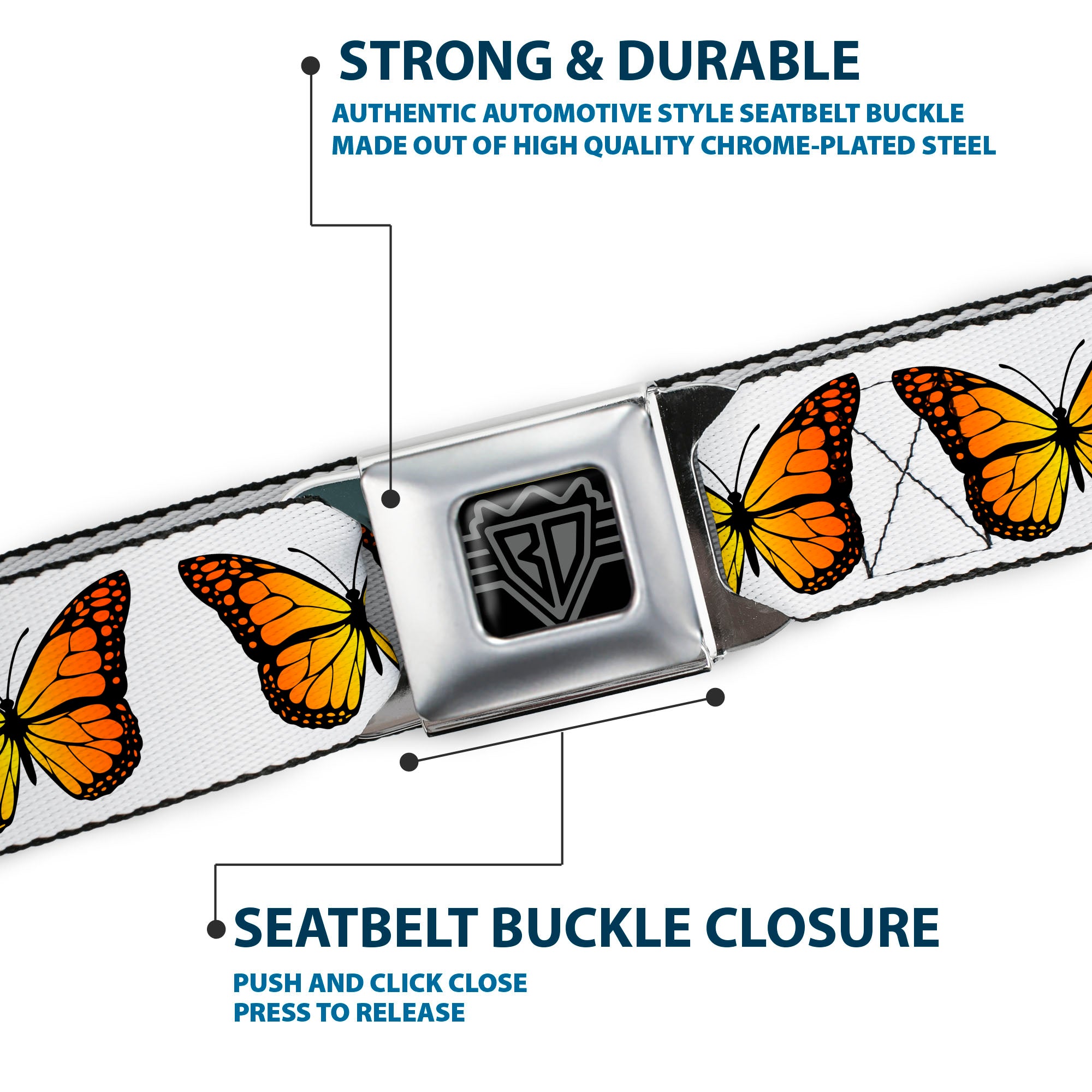 BD Wings Logo CLOSE-UP Black/Silver Seatbelt Belt - Monarch Butterfly Repeat White Webbing Seatbelt Belts Buckle-Down