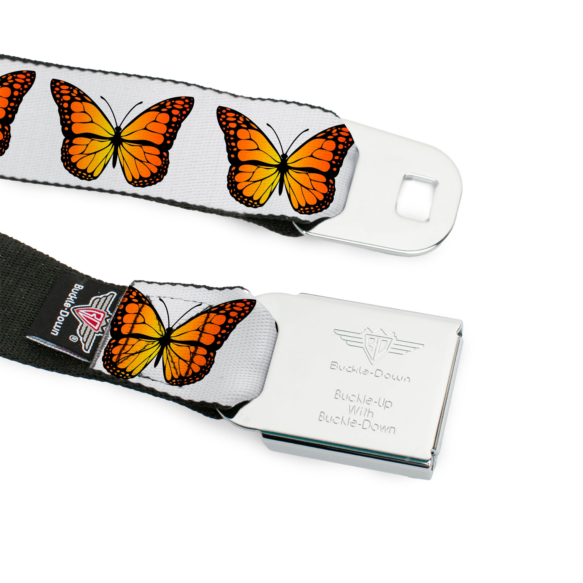 BD Wings Logo CLOSE-UP Black/Silver Seatbelt Belt - Monarch Butterfly Repeat White Webbing Seatbelt Belts Buckle-Down