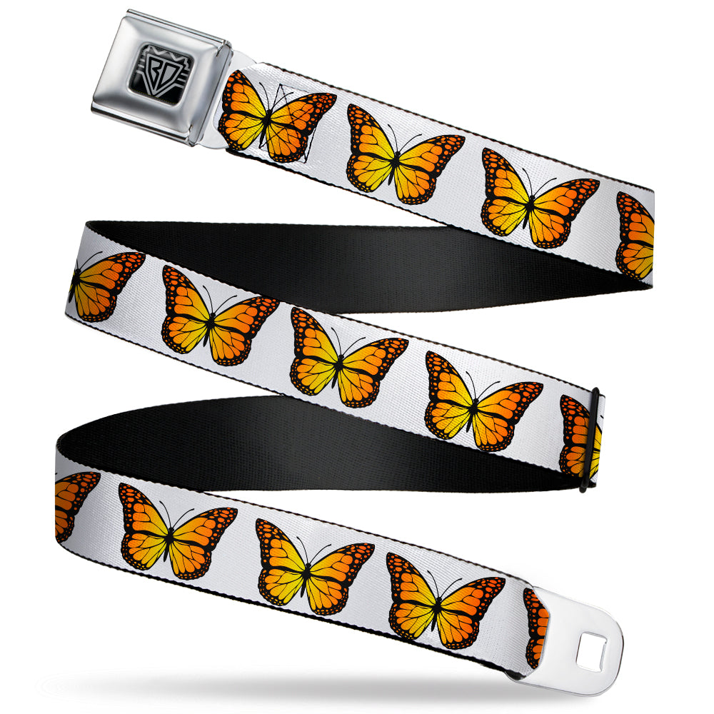 BD Wings Logo CLOSE-UP Black/Silver Seatbelt Belt - Monarch Butterfly Repeat White Webbing Seatbelt Belts Buckle-Down