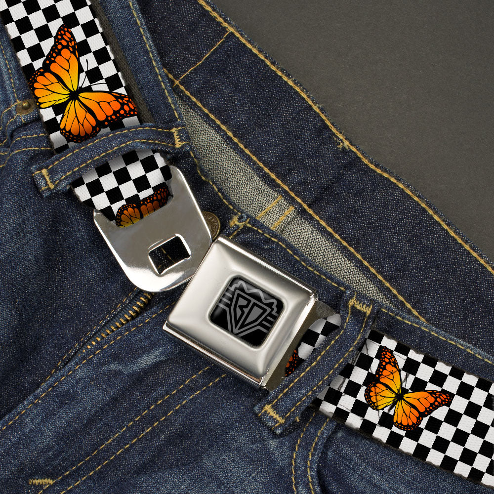 BD Wings Logo CLOSE-UP Black/Silver Seatbelt Belt - Monarch Butterfly Scattered Checker Black/White Webbing Seatbelt Belts Buckle-Down