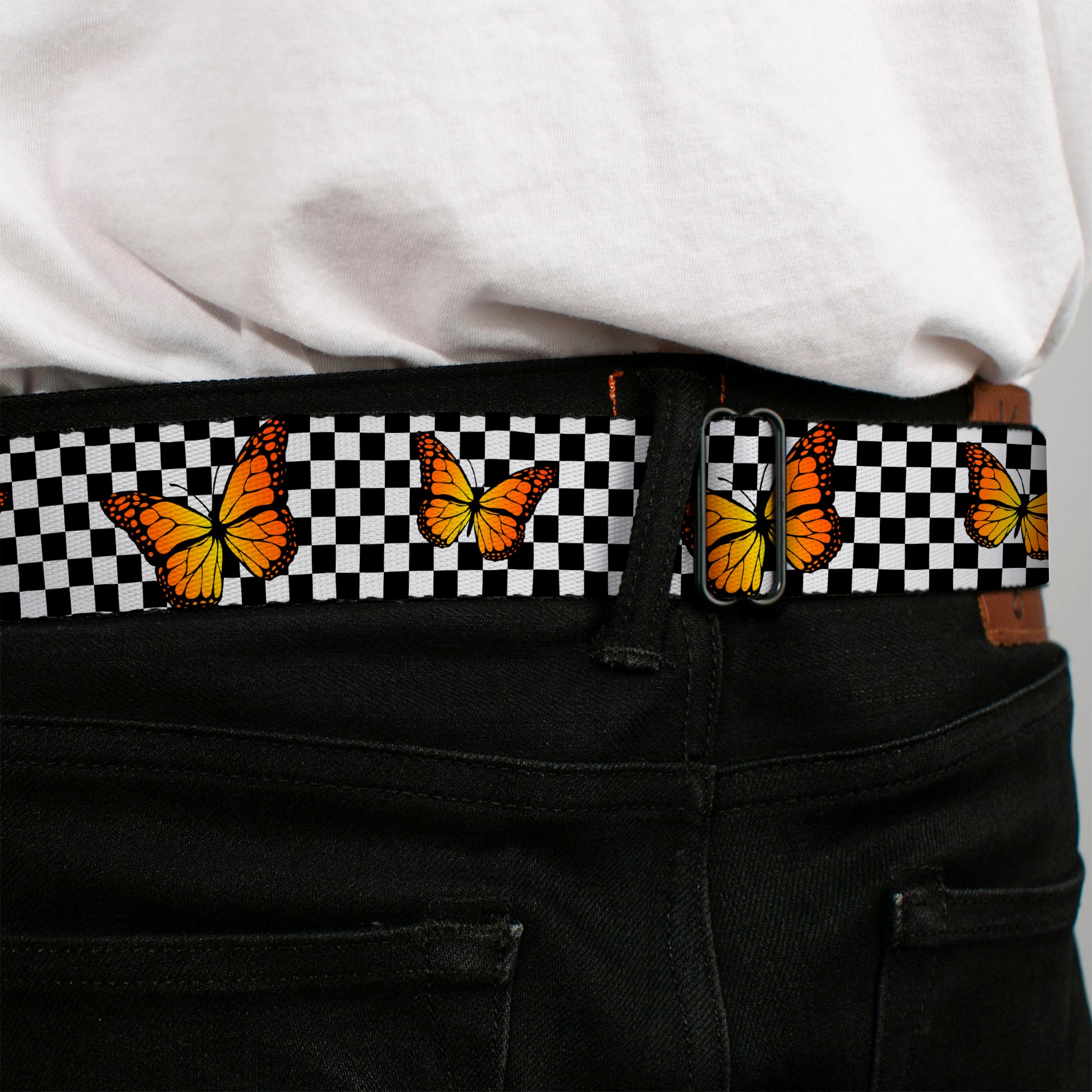 BD Wings Logo CLOSE-UP Black/Silver Seatbelt Belt - Monarch Butterfly Scattered Checker Black/White Webbing Seatbelt Belts Buckle-Down