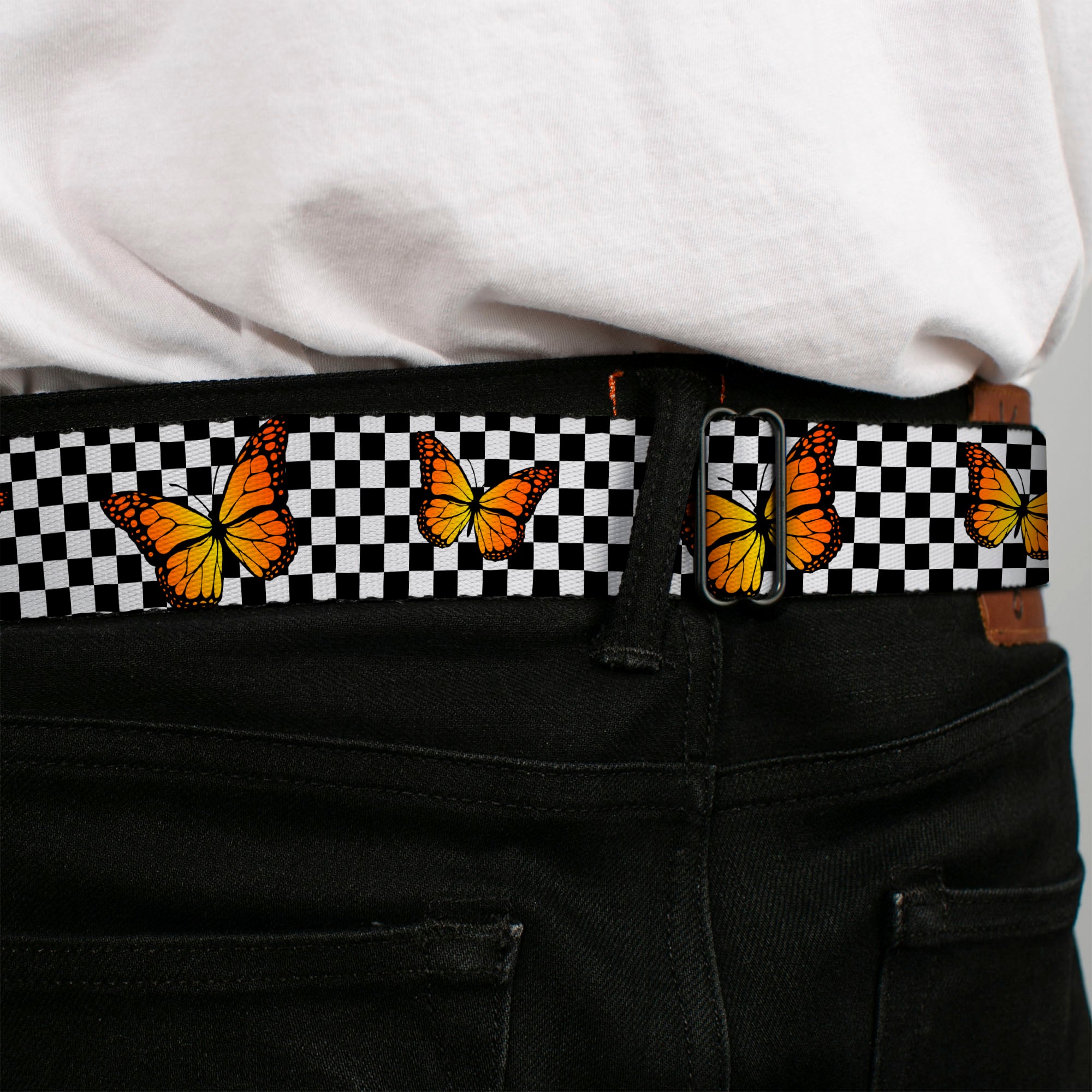 BD Wings Logo CLOSE-UP Black/Silver Seatbelt Belt - Monarch Butterfly Scattered Checker Black/White Webbing Seatbelt Belts Buckle-Down
