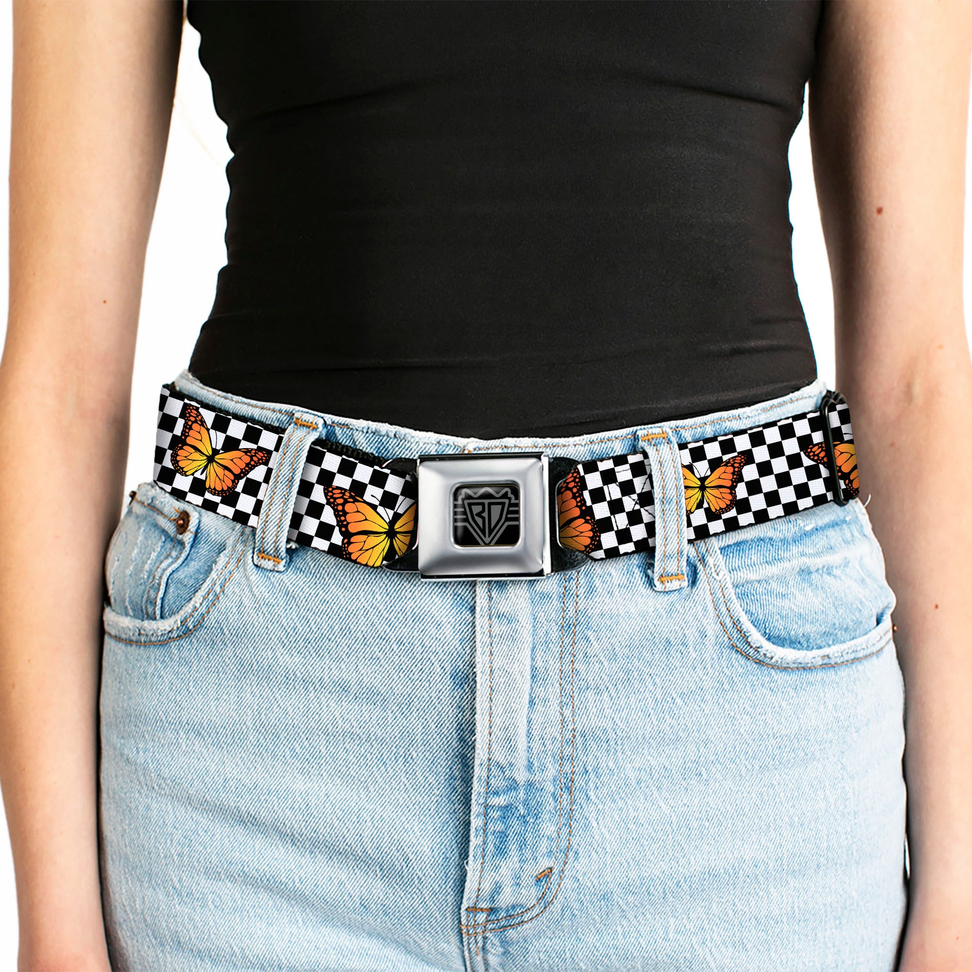BD Wings Logo CLOSE-UP Black/Silver Seatbelt Belt - Monarch Butterfly Scattered Checker Black/White Webbing Seatbelt Belts Buckle-Down