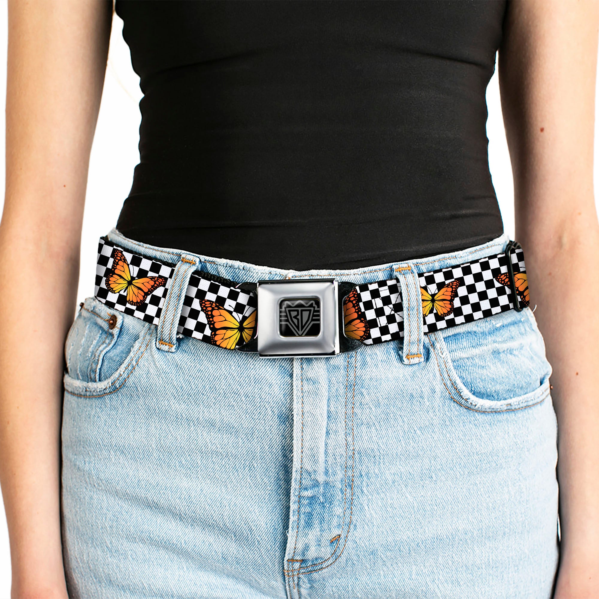 BD Wings Logo CLOSE-UP Black/Silver Seatbelt Belt - Monarch Butterfly Scattered Checker Black/White Webbing Seatbelt Belts Buckle-Down