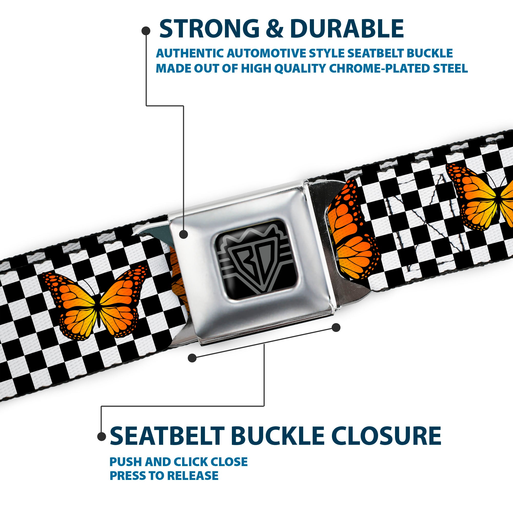BD Wings Logo CLOSE-UP Black/Silver Seatbelt Belt - Monarch Butterfly Scattered Checker Black/White Webbing Seatbelt Belts Buckle-Down