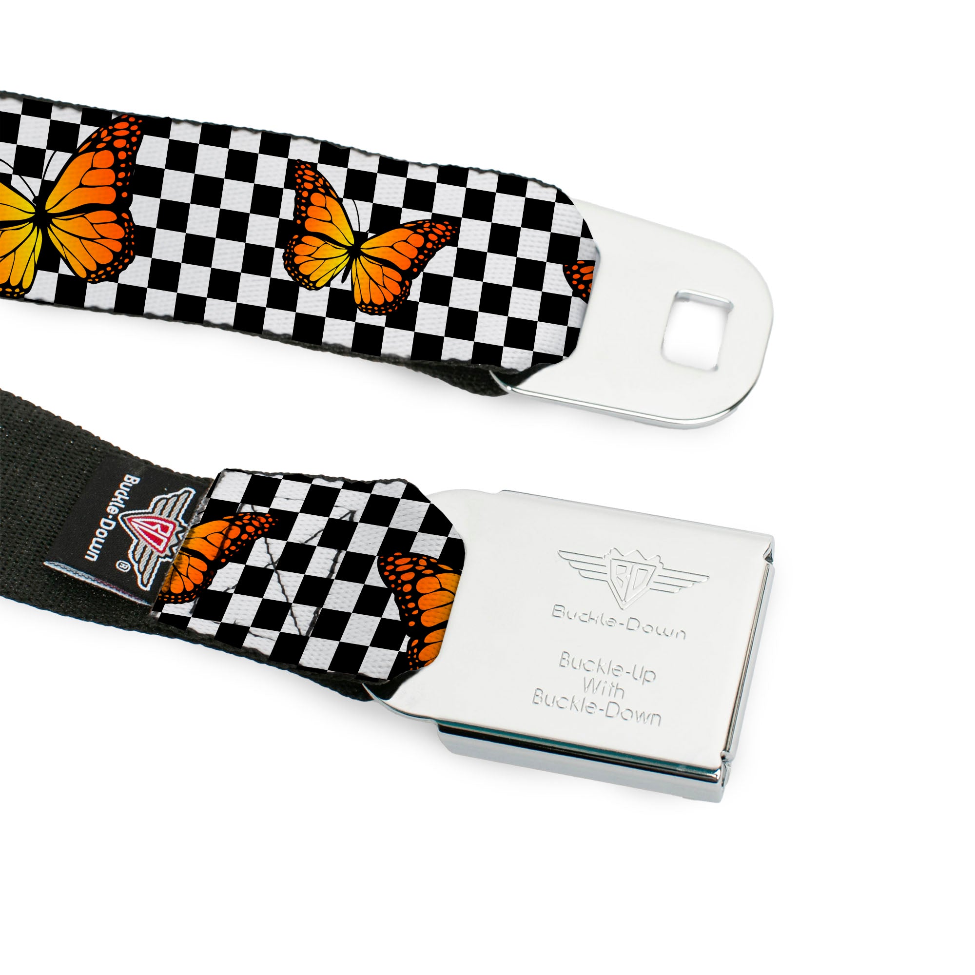 BD Wings Logo CLOSE-UP Black/Silver Seatbelt Belt - Monarch Butterfly Scattered Checker Black/White Webbing Seatbelt Belts Buckle-Down