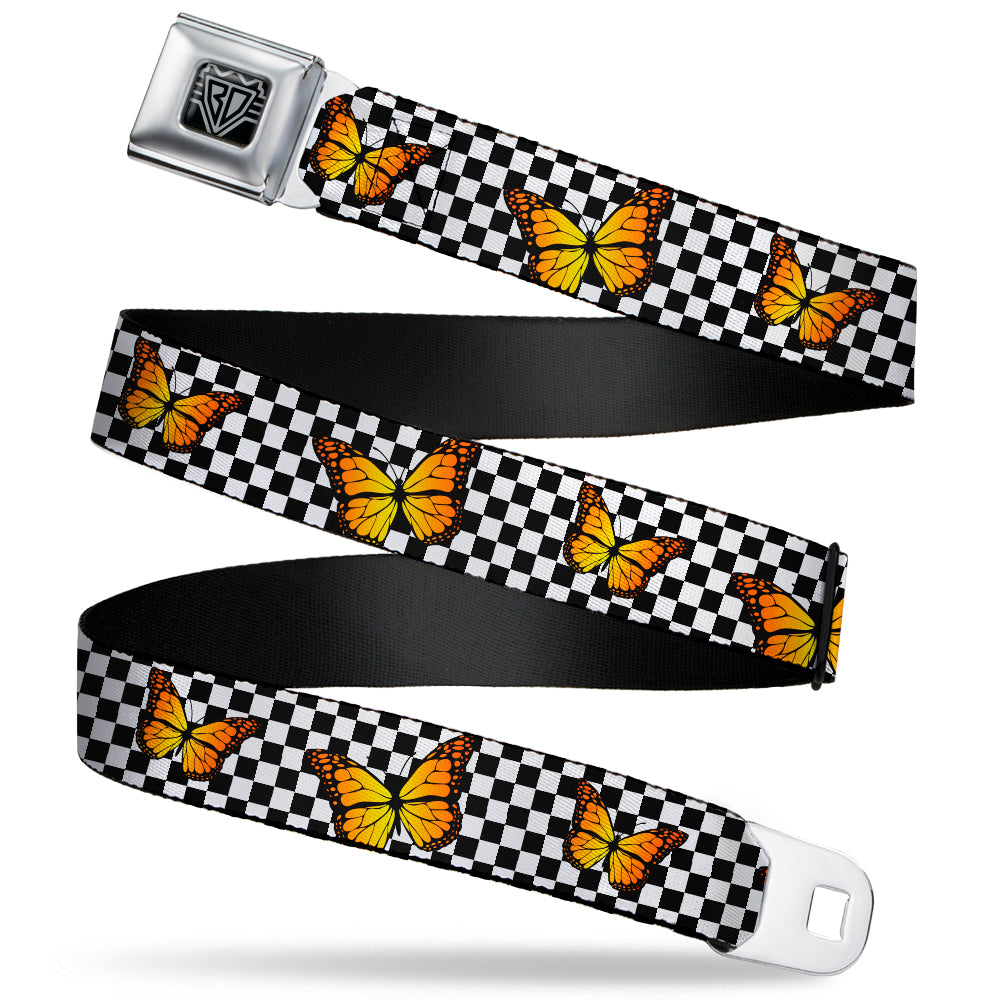 BD Wings Logo CLOSE-UP Black/Silver Seatbelt Belt - Monarch Butterfly Scattered Checker Black/White Webbing Seatbelt Belts Buckle-Down