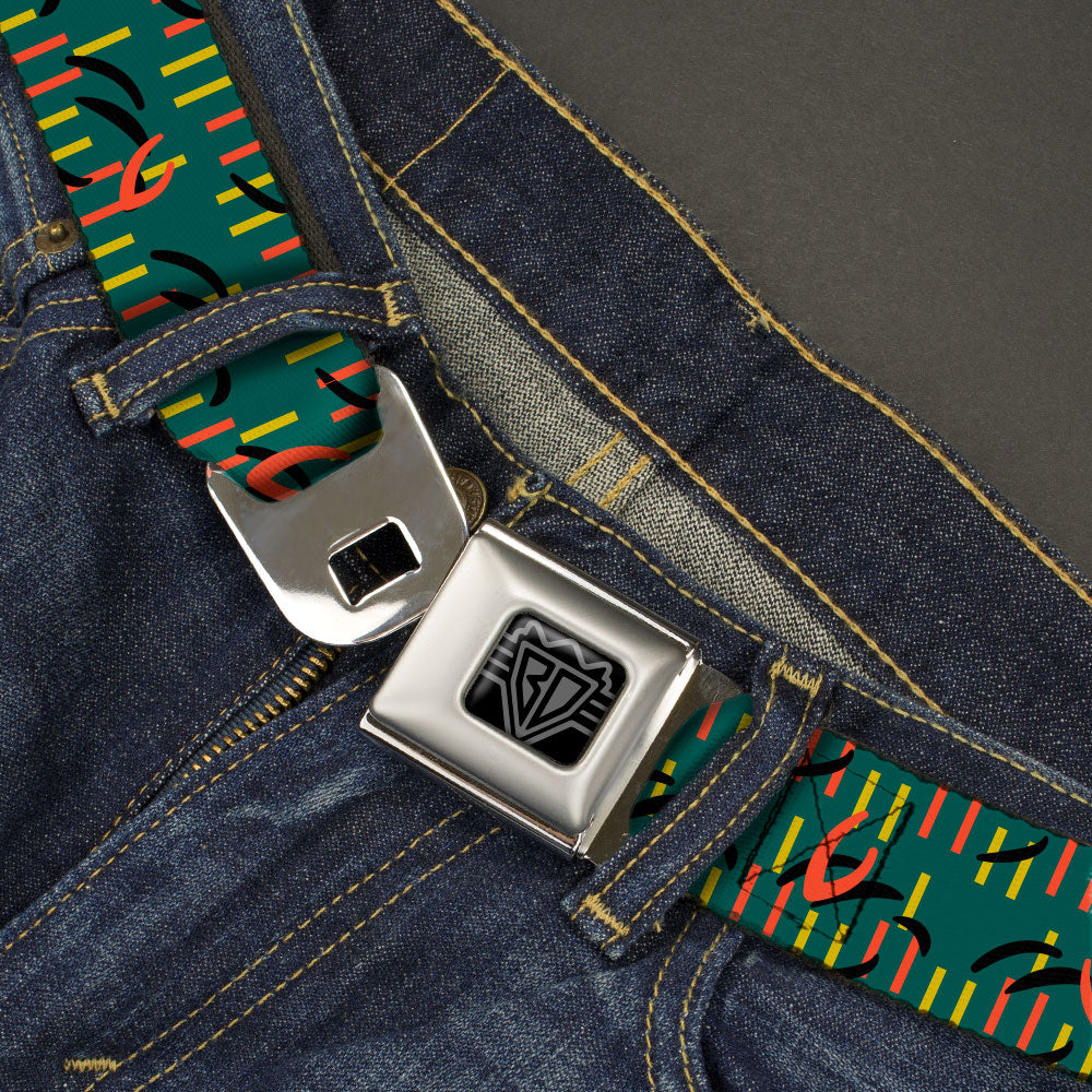 BD Wings Logo CLOSE-UP Black/Silver Seatbelt Belt - MCO Orlando International Airport Carpet Teal/Orange/Yellow/Black Webbing Seatbelt Belts Buckle-Down