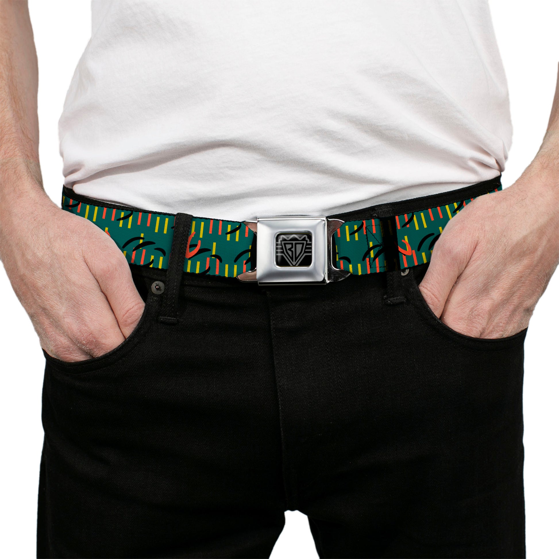 BD Wings Logo CLOSE-UP Black/Silver Seatbelt Belt - MCO Orlando International Airport Carpet Teal/Orange/Yellow/Black Webbing Seatbelt Belts Buckle-Down