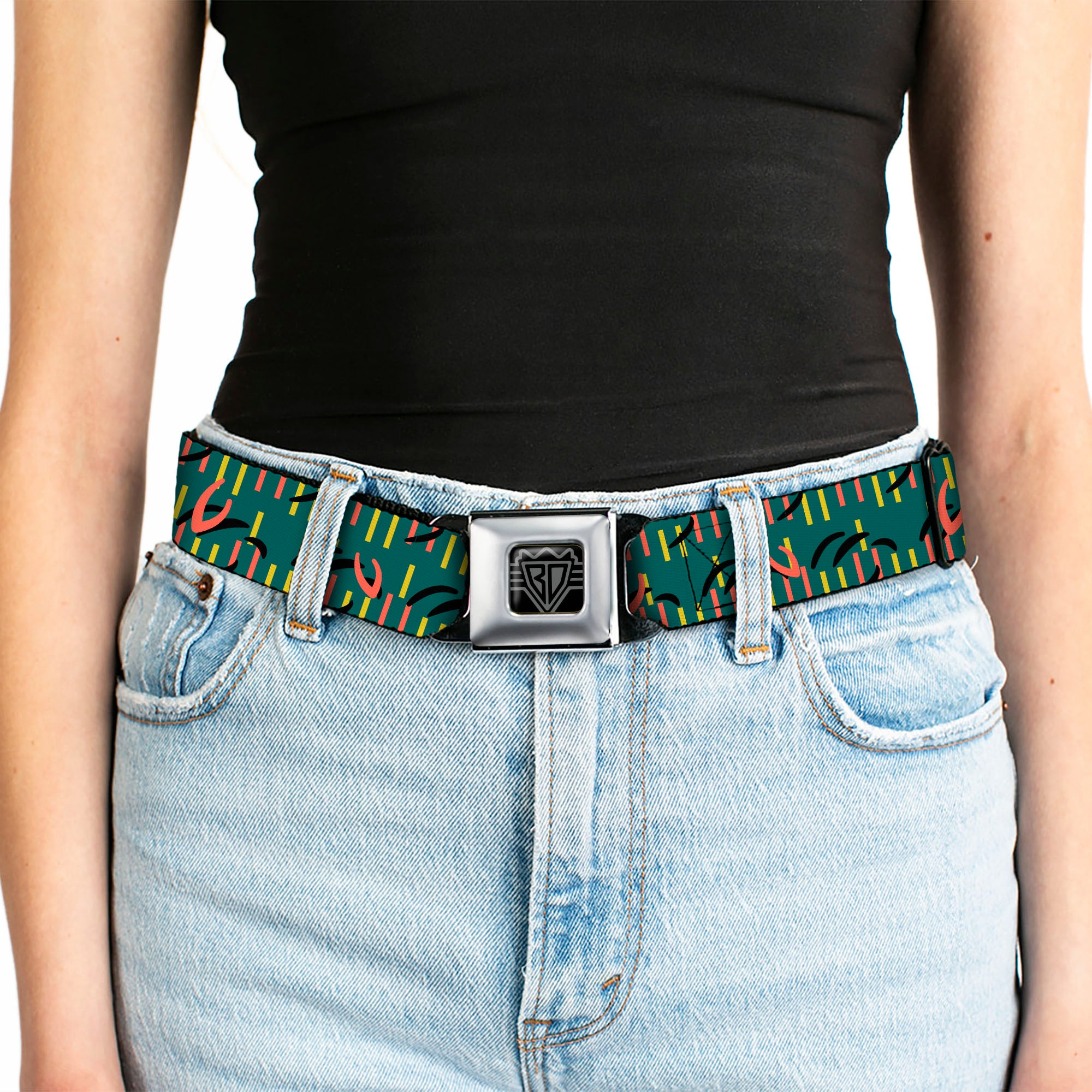 BD Wings Logo CLOSE-UP Black/Silver Seatbelt Belt - MCO Orlando International Airport Carpet Teal/Orange/Yellow/Black Webbing Seatbelt Belts Buckle-Down