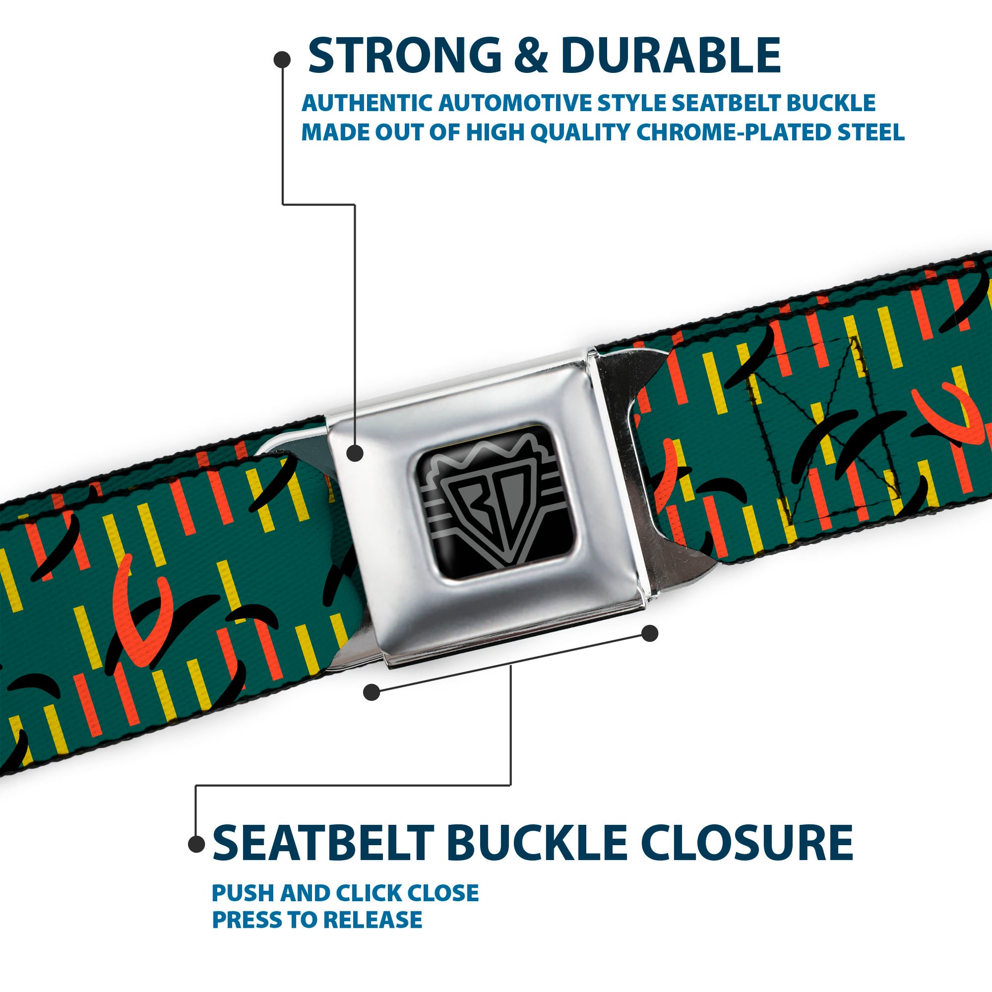 BD Wings Logo CLOSE-UP Black/Silver Seatbelt Belt - MCO Orlando International Airport Carpet Teal/Orange/Yellow/Black Webbing Seatbelt Belts Buckle-Down