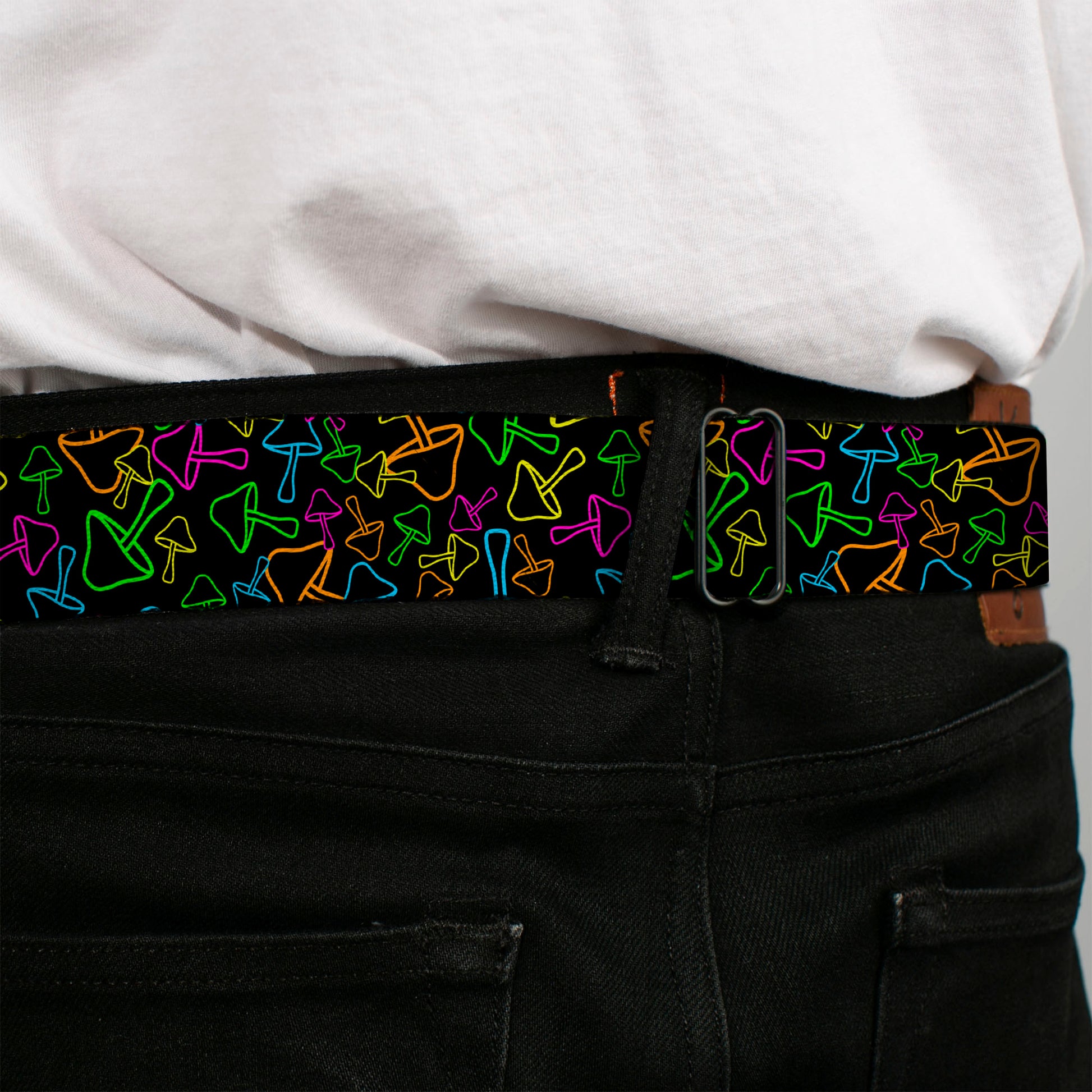 BD Wings Logo CLOSE-UP Black/Silver Seatbelt Belt - Mushroom Outline Scattered Black/Multi Neon Webbing Seatbelt Belts Buckle-Down
