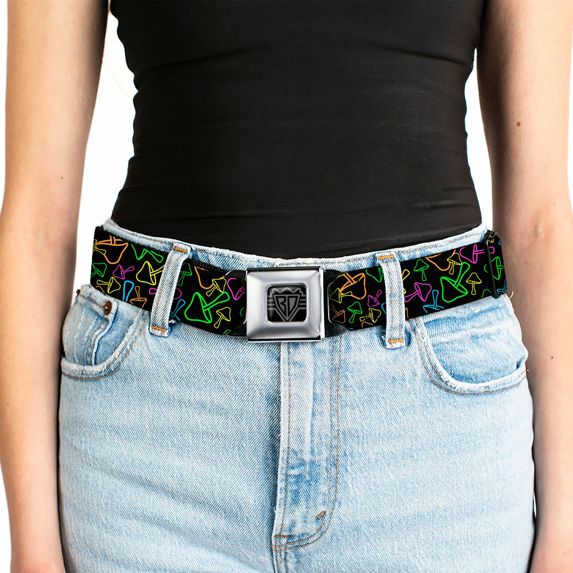 BD Wings Logo CLOSE-UP Black/Silver Seatbelt Belt - Mushroom Outline Scattered Black/Multi Neon Webbing Seatbelt Belts Buckle-Down