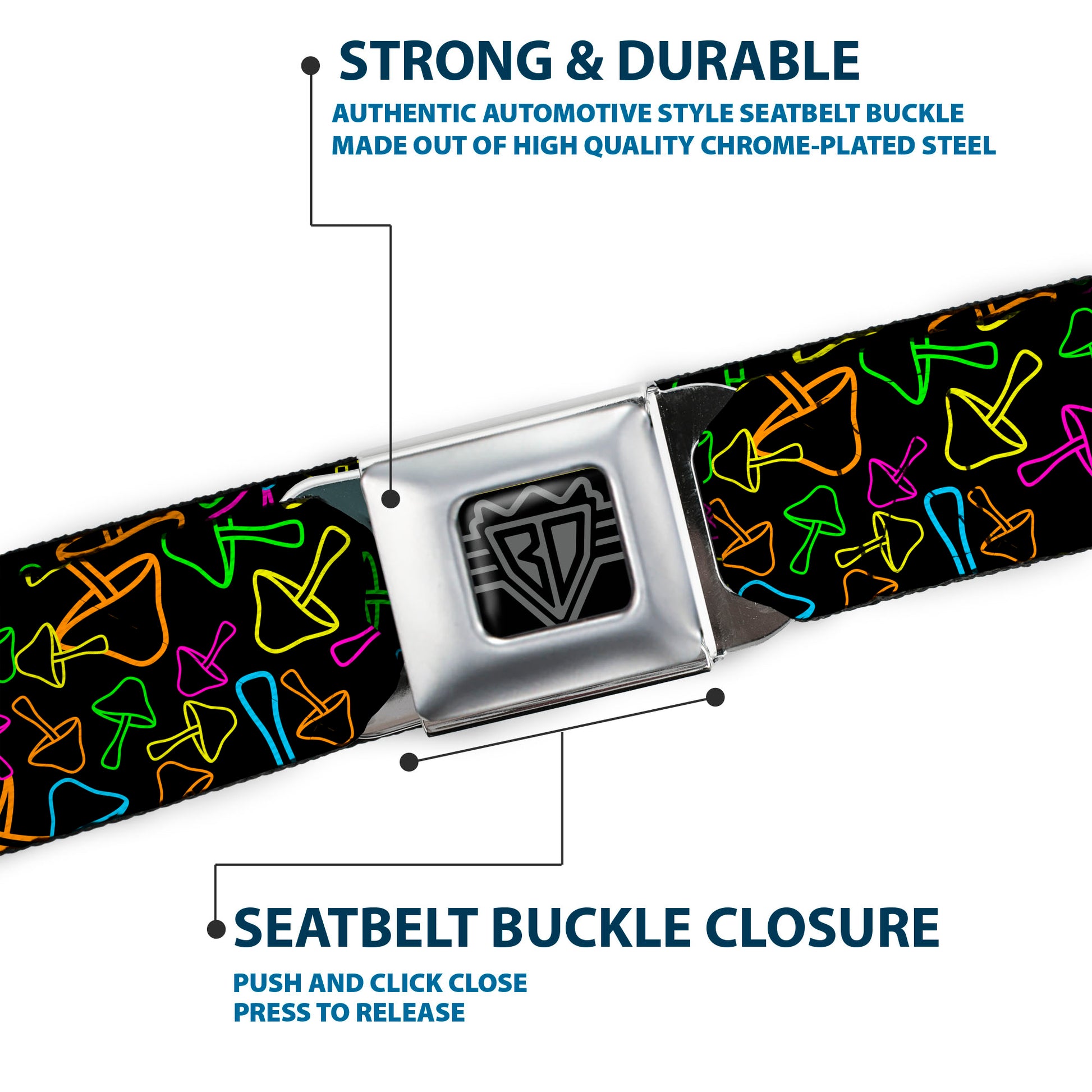 BD Wings Logo CLOSE-UP Black/Silver Seatbelt Belt - Mushroom Outline Scattered Black/Multi Neon Webbing Seatbelt Belts Buckle-Down