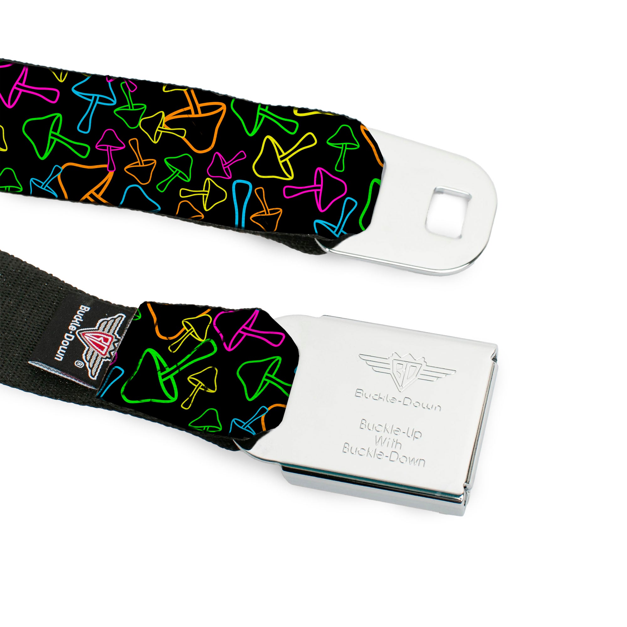 BD Wings Logo CLOSE-UP Black/Silver Seatbelt Belt - Mushroom Outline Scattered Black/Multi Neon Webbing Seatbelt Belts Buckle-Down