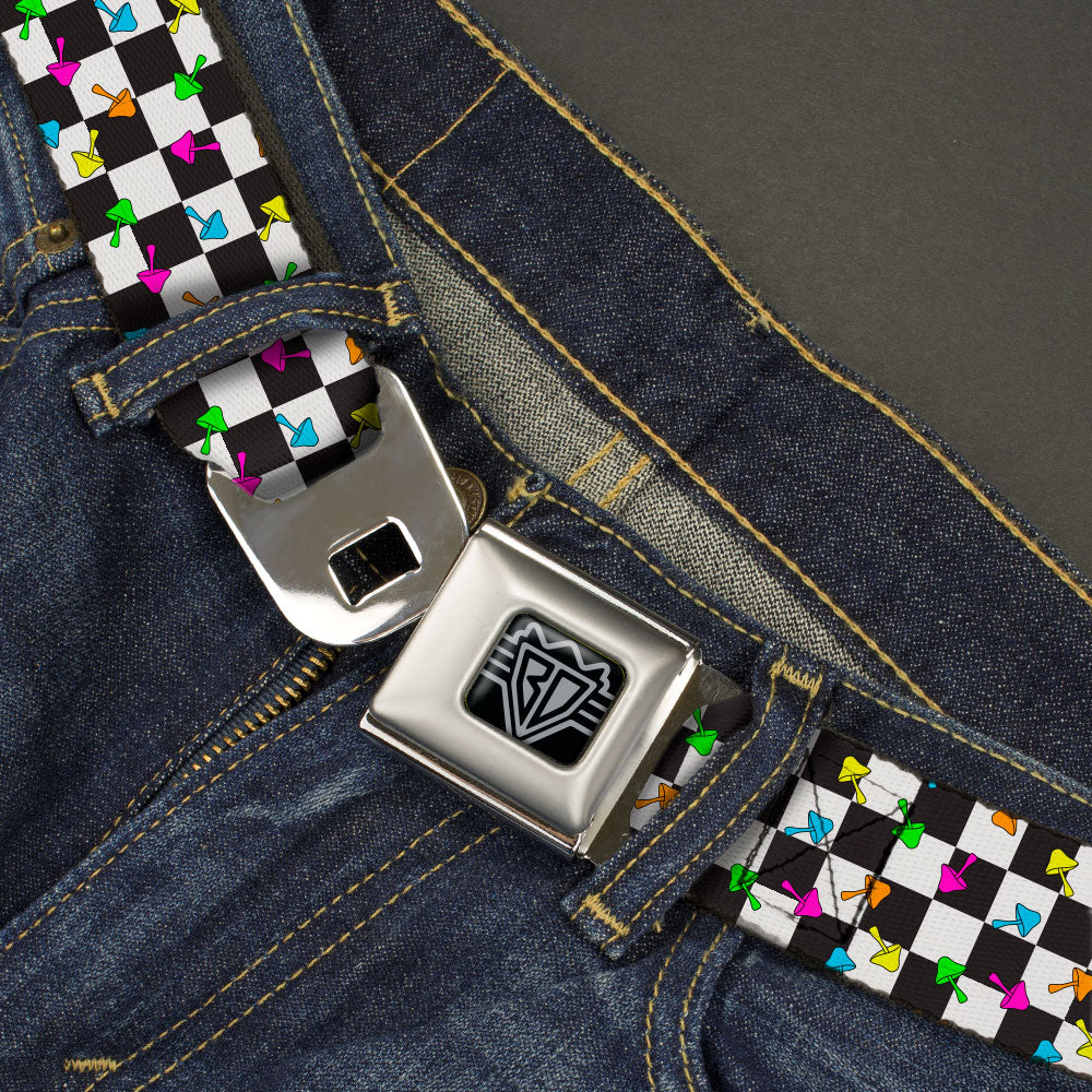 BD Wings Logo CLOSE-UP Black/Silver Seatbelt Belt - Mushrooms Scattered Checker Black/White/Multi Neon Webbing Seatbelt Belts Buckle-Down