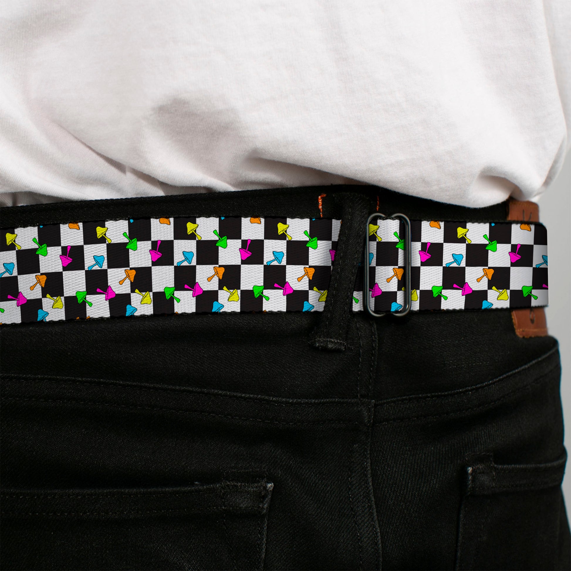 BD Wings Logo CLOSE-UP Black/Silver Seatbelt Belt - Mushrooms Scattered Checker Black/White/Multi Neon Webbing Seatbelt Belts Buckle-Down