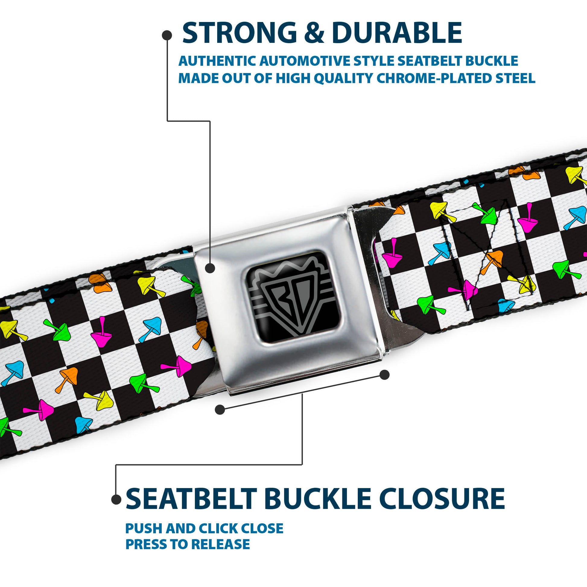BD Wings Logo CLOSE-UP Black/Silver Seatbelt Belt - Mushrooms Scattered Checker Black/White/Multi Neon Webbing Seatbelt Belts Buckle-Down