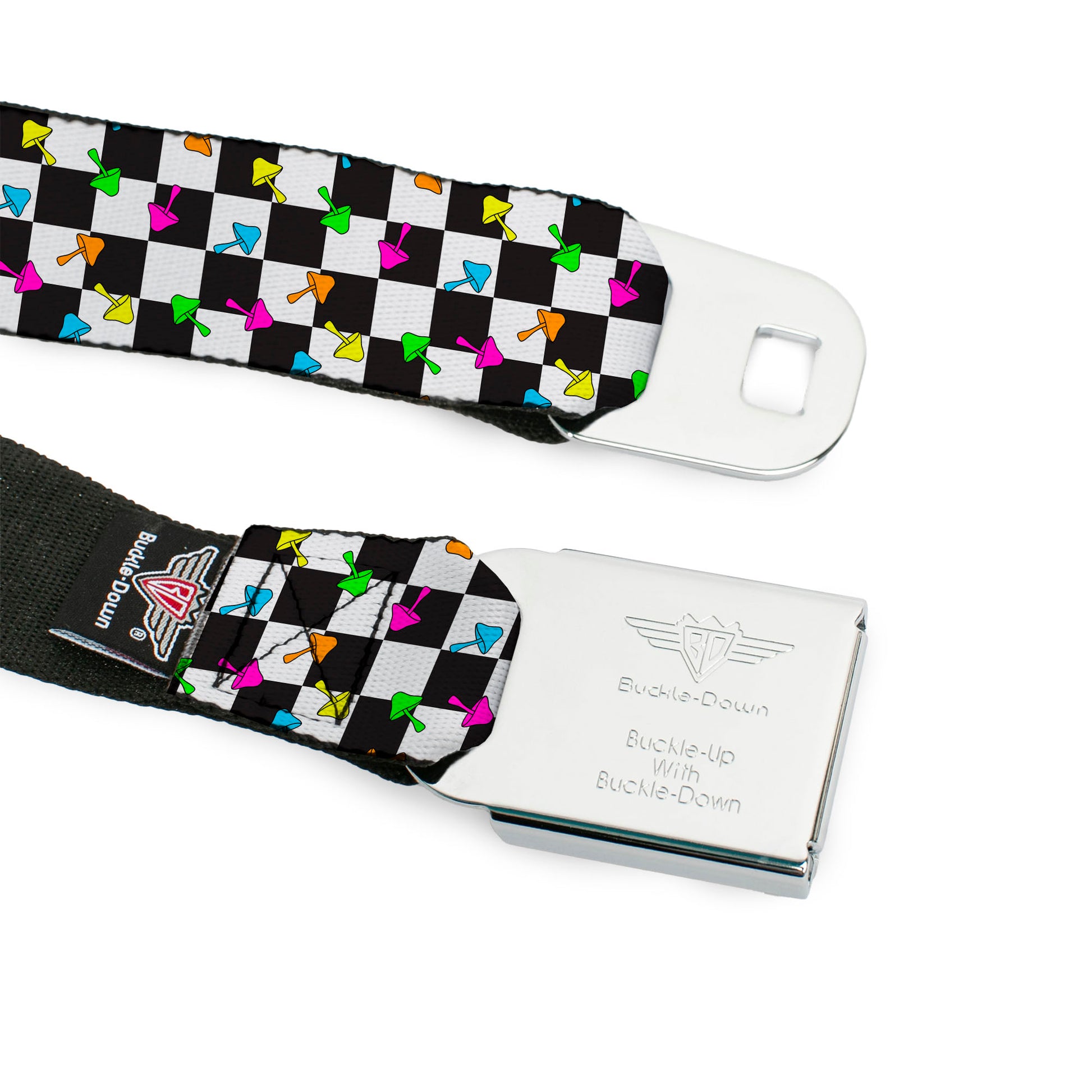 BD Wings Logo CLOSE-UP Black/Silver Seatbelt Belt - Mushrooms Scattered Checker Black/White/Multi Neon Webbing Seatbelt Belts Buckle-Down