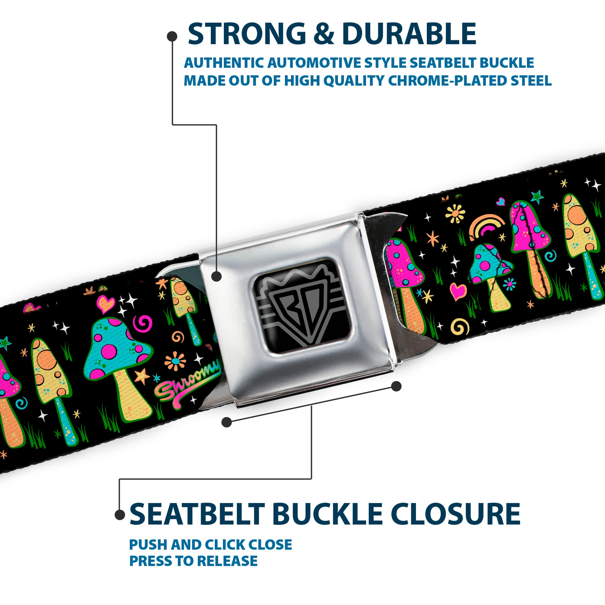 BD Wings Logo CLOSE-UP Black/Silver Seatbelt Belt - Mushroom SHROOMY Garden Black/Multi Color Webbing Seatbelt Belts Buckle-Down
