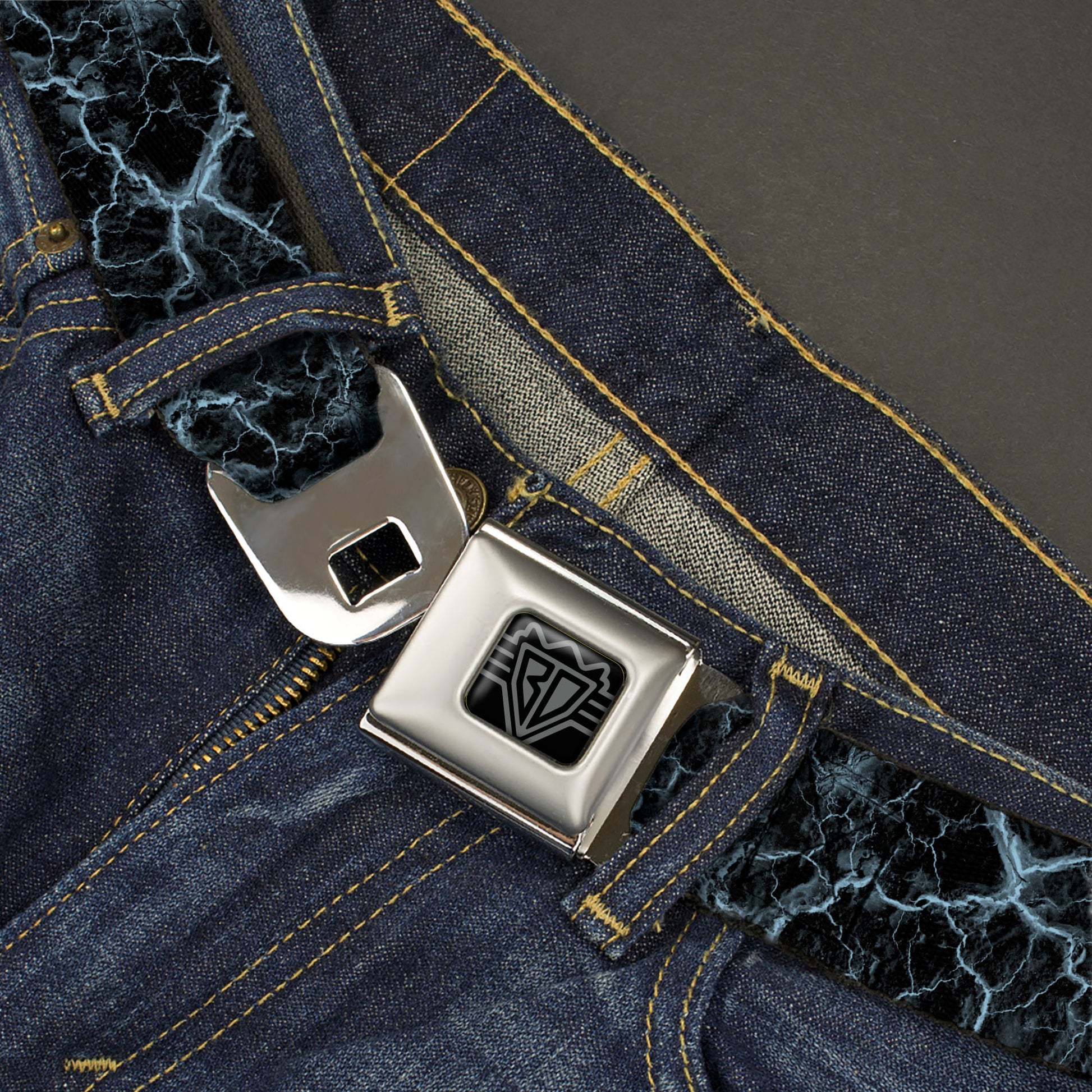 BD Wings Logo CLOSE-UP Black/Silver Seatbelt Belt - Marble Black/Baby Blue Webbing Seatbelt Belts Buckle-Down